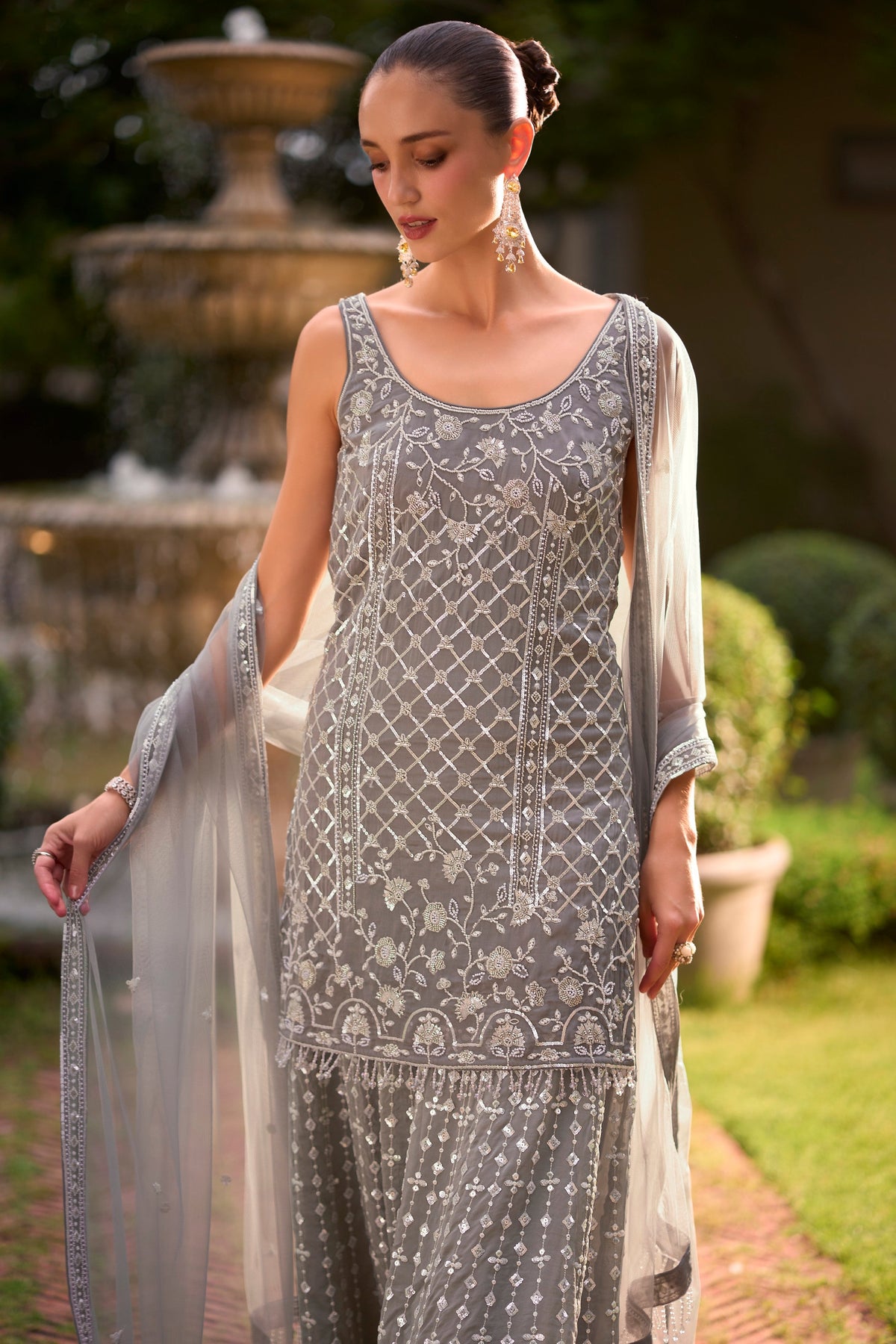 Slate Grey Embellished Georgette Silk Palazzo Set