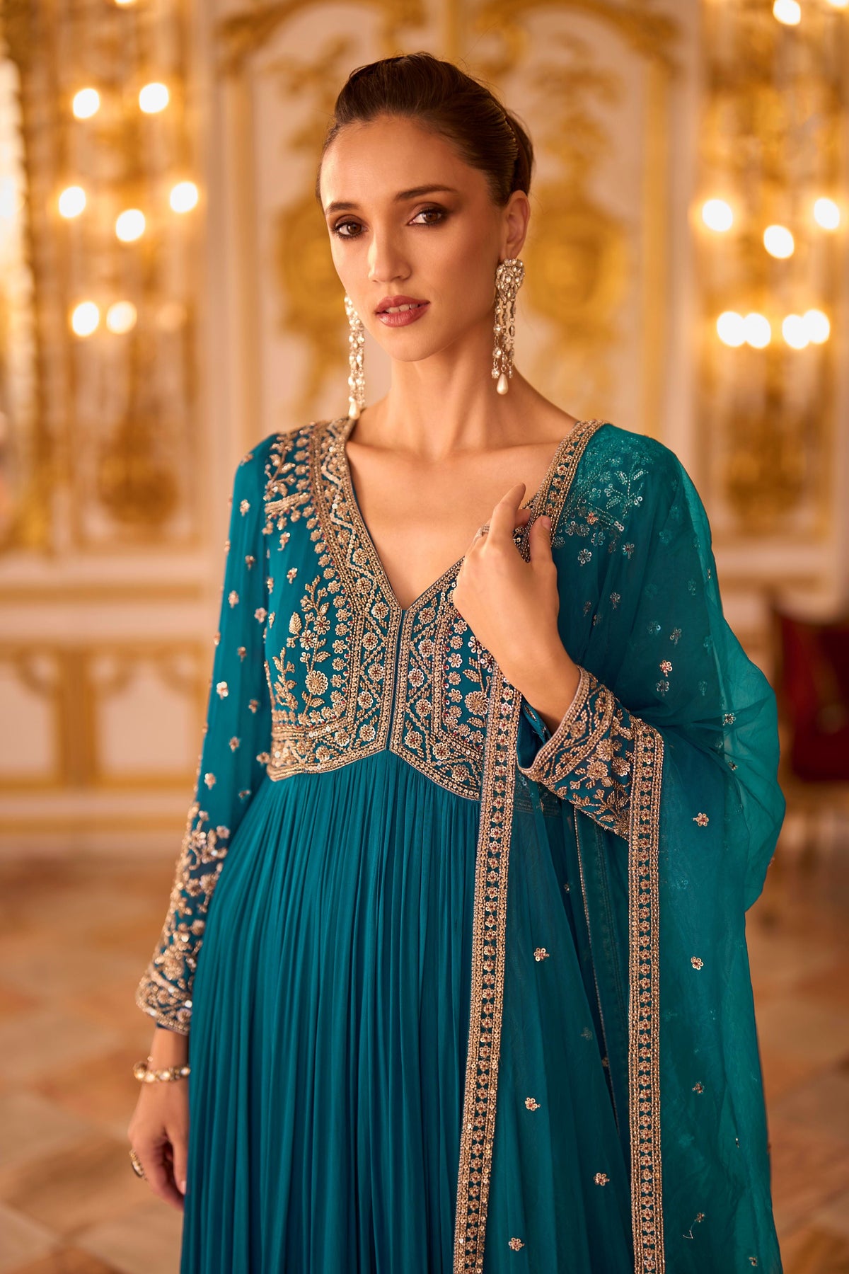 Ocean Blue Embellished Georgette Silk Anarkali Set