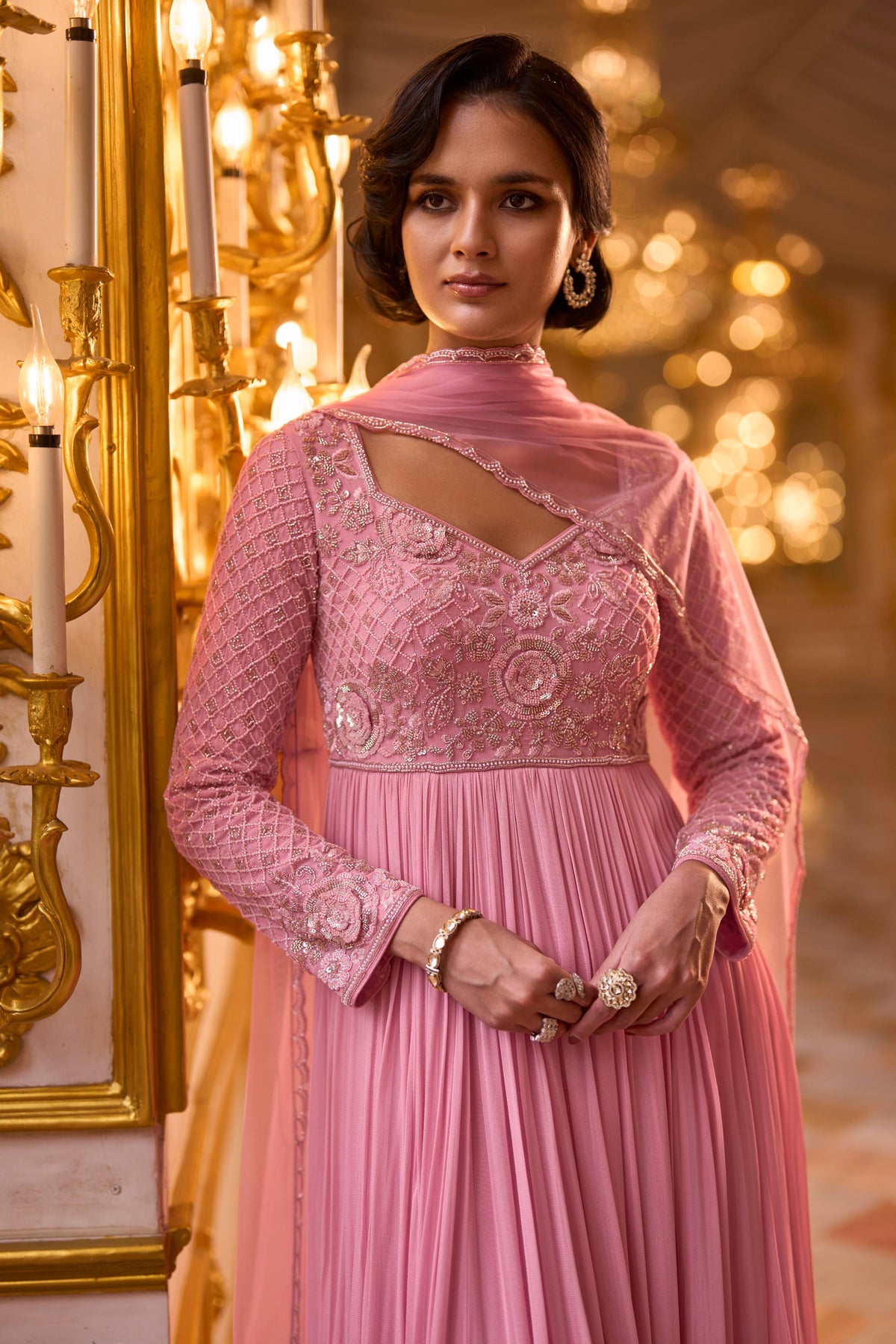 Rose Pink Embellished Georgette Silk Anarkali Set