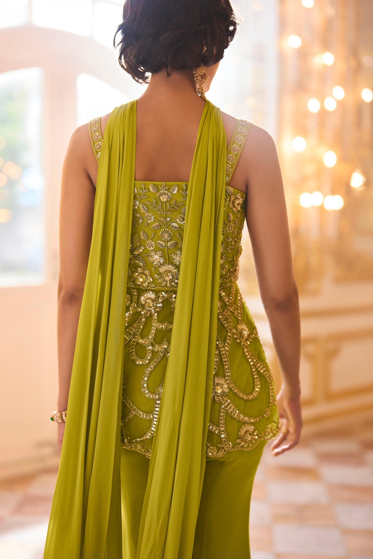 Lime Green Embellished Georgette Silk Palazzo Set