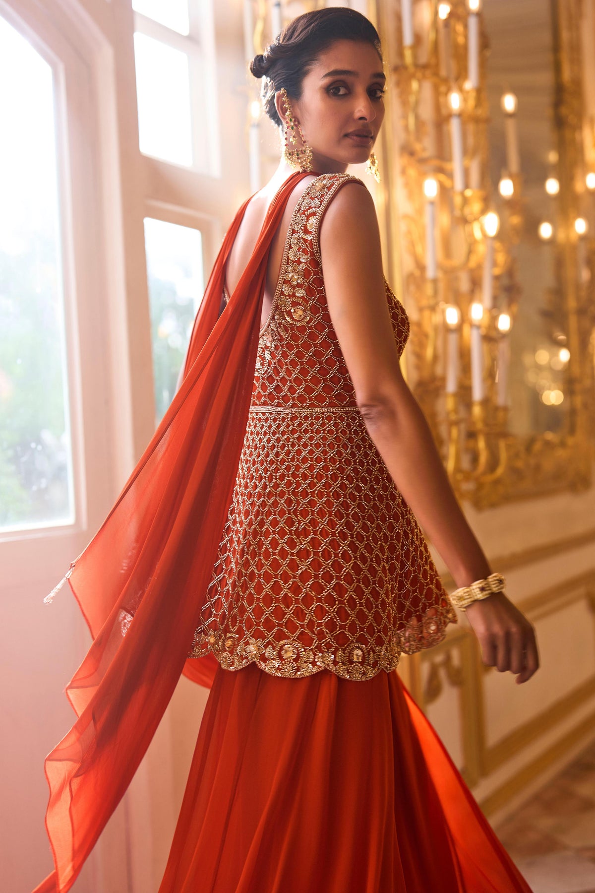Terracotta Coral Embellished Georgette Silk Palazzo Set