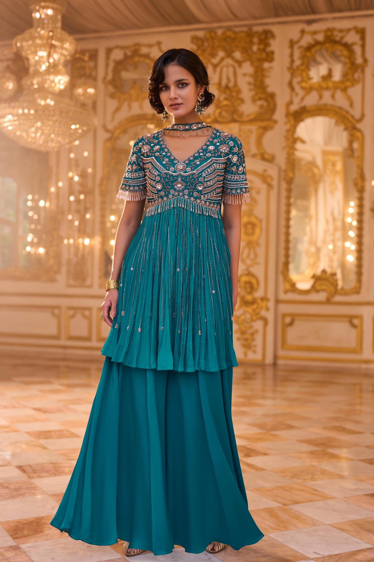 Cyan Peacock Blue Embellished Chinon Silk Palazzo Set