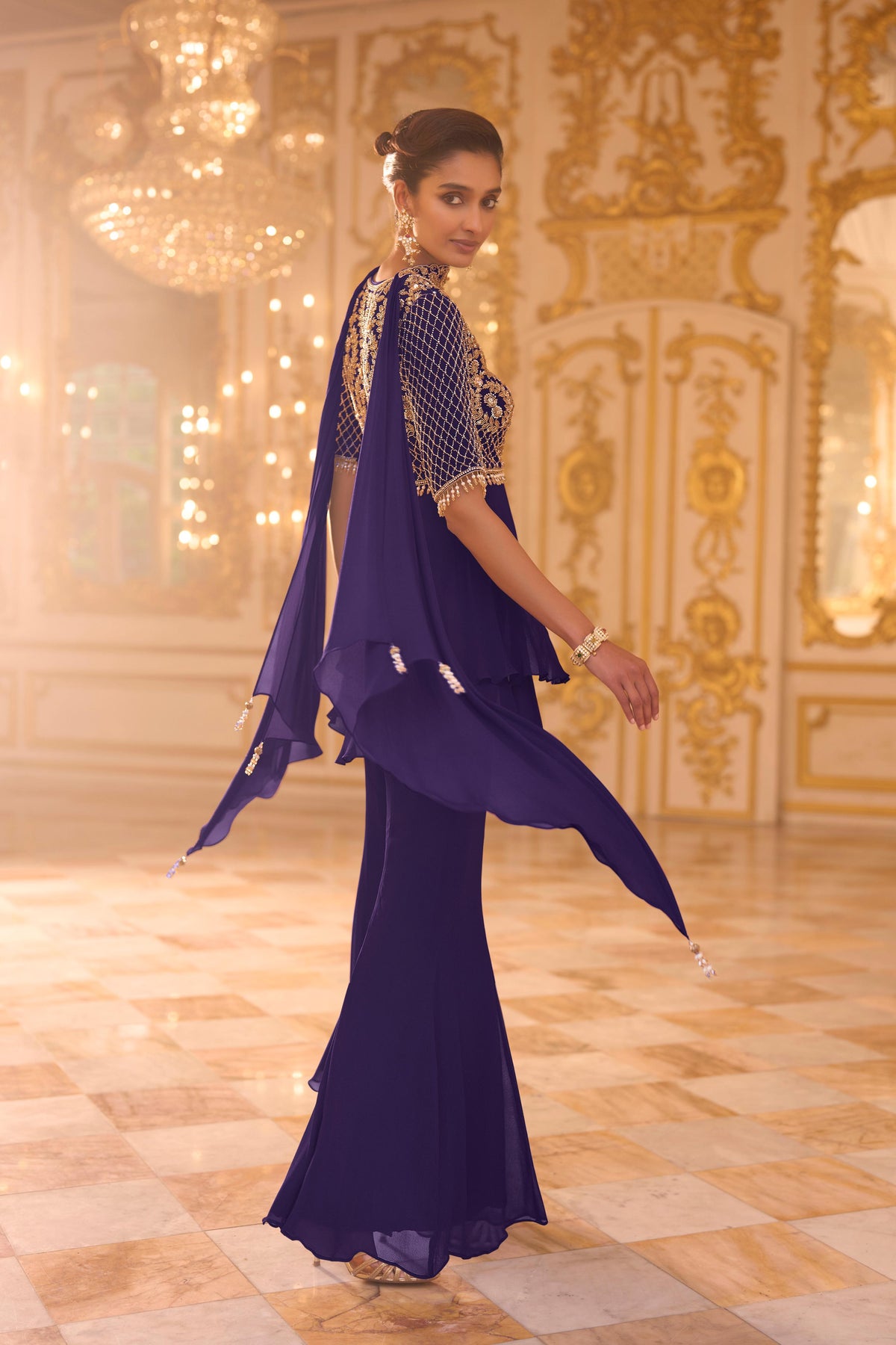 Midnight Purple Embellished Georgette Silk Palazzo Set