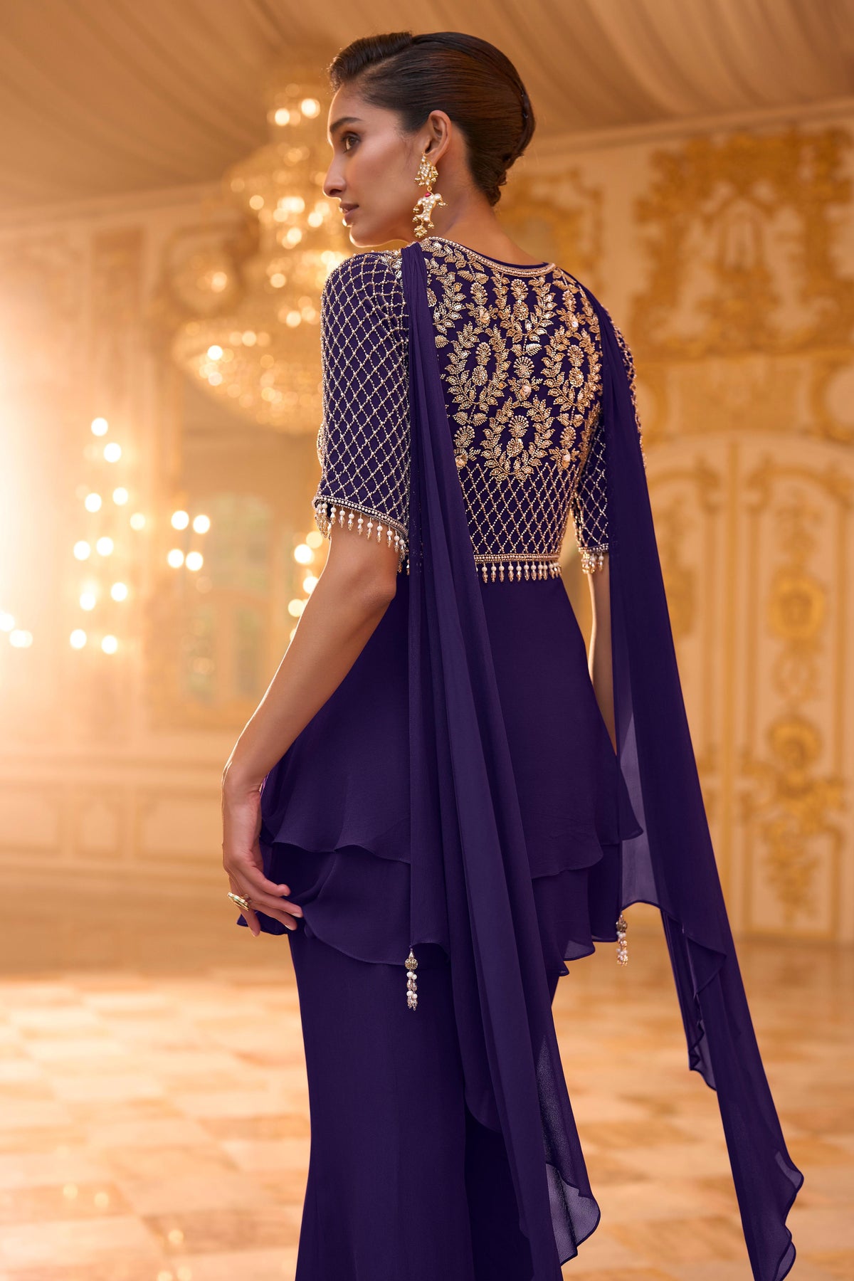Midnight Purple Embellished Georgette Silk Palazzo Set