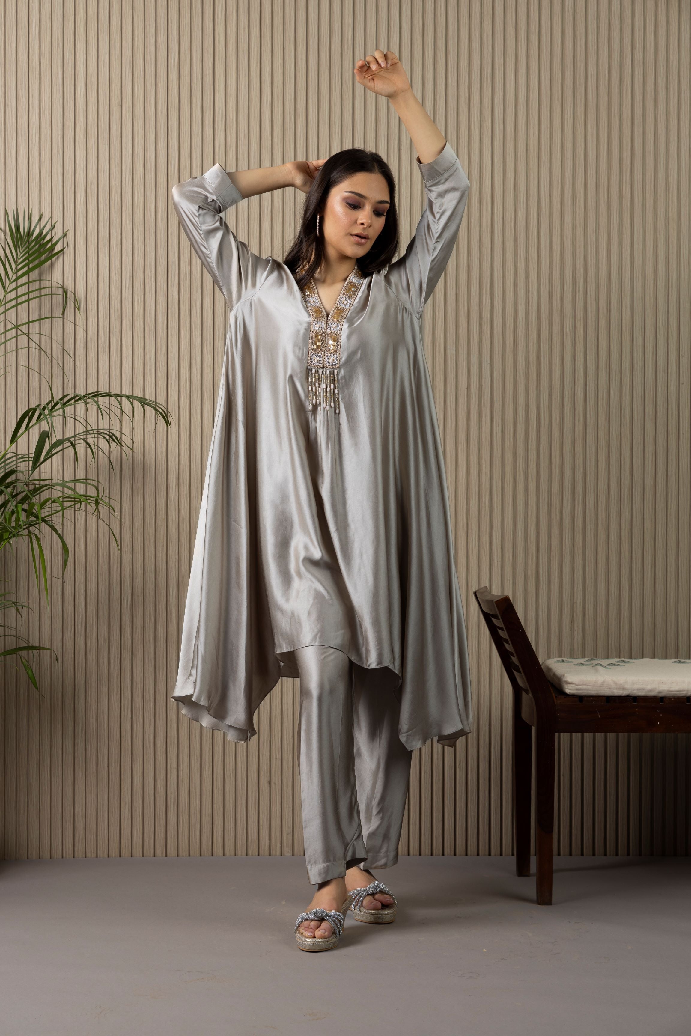 Polished Silver Embellished Pure Satin Silk Co-Ord Set