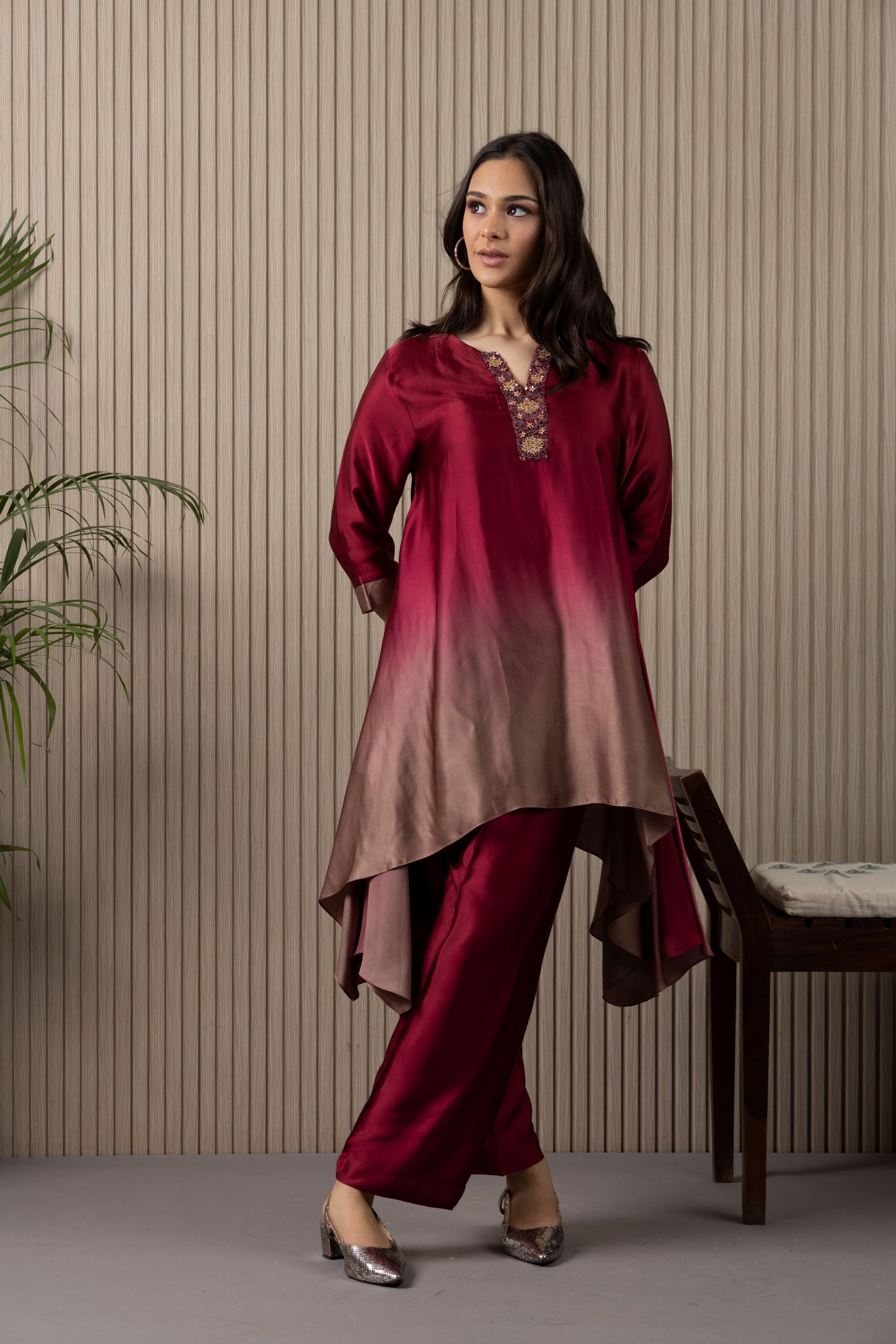 Wine Ombre-Dyed Pure Satin Silk Co-Ord Set