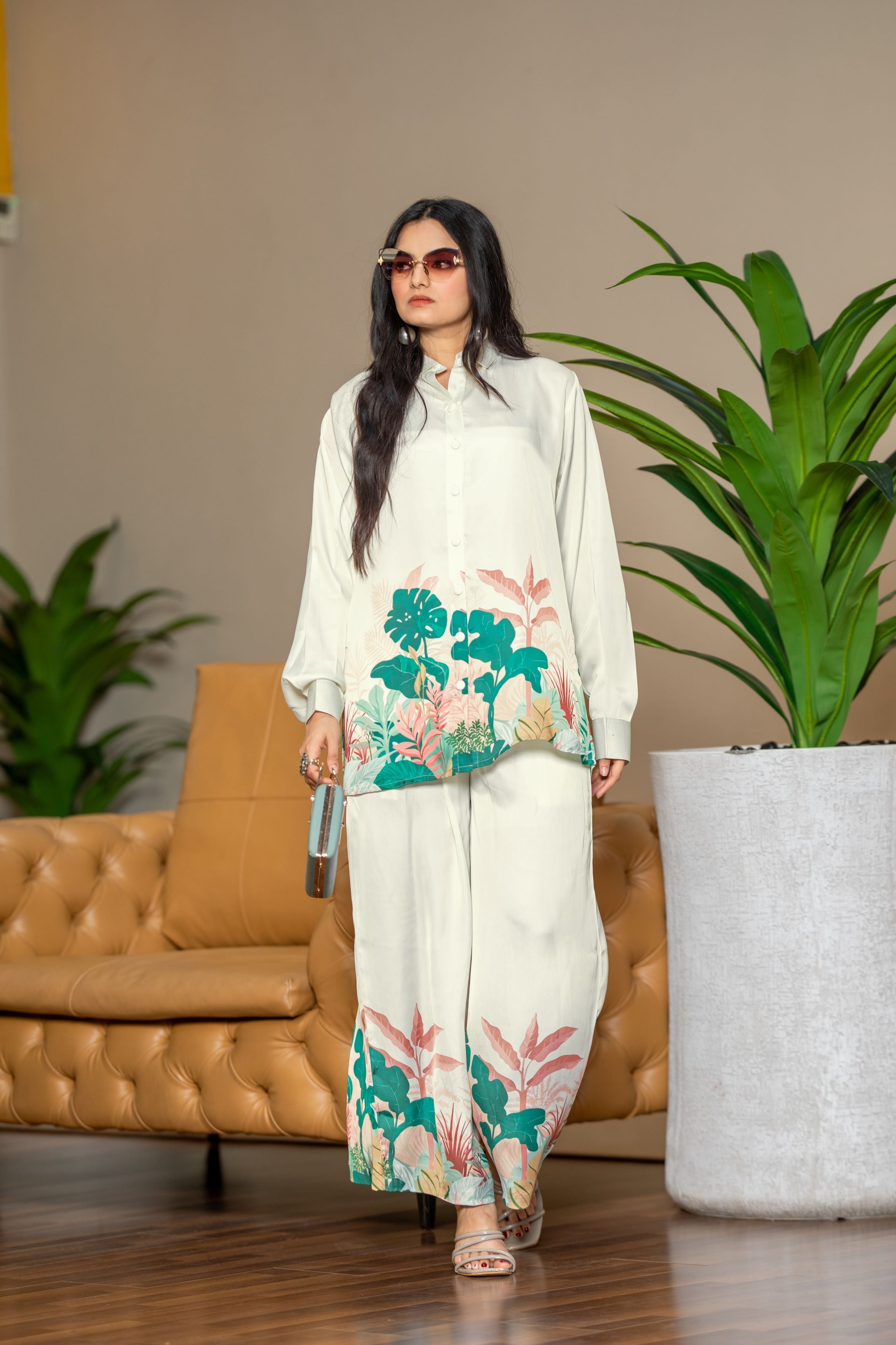 Cream Tropical Printed Soft Satin Silk Co-Ord Set