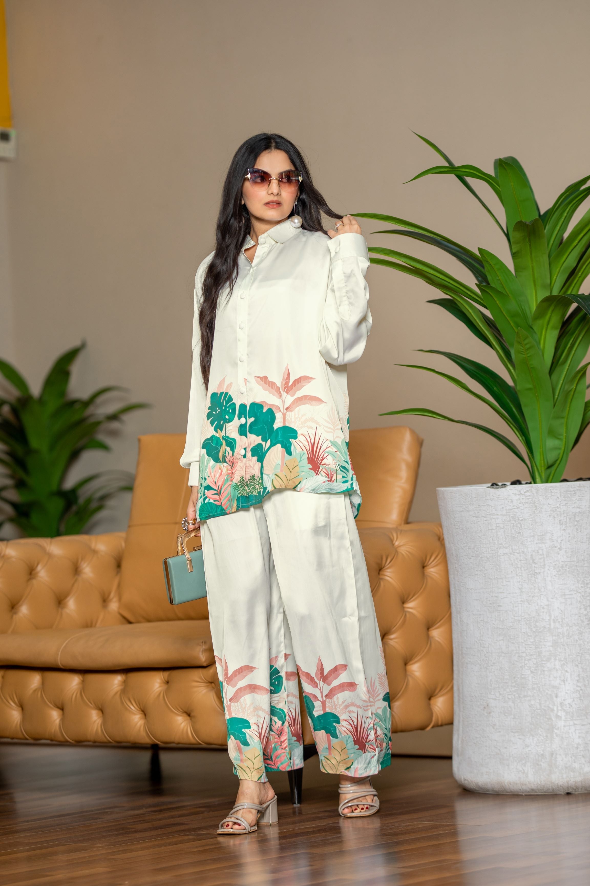 Cream Tropical Printed Soft Satin Silk Co-Ord Set