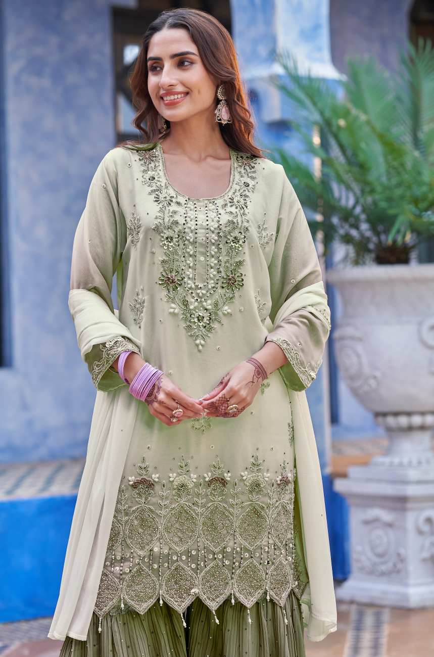 Light Sage Embellished Shimmer Tissue Sharara Set