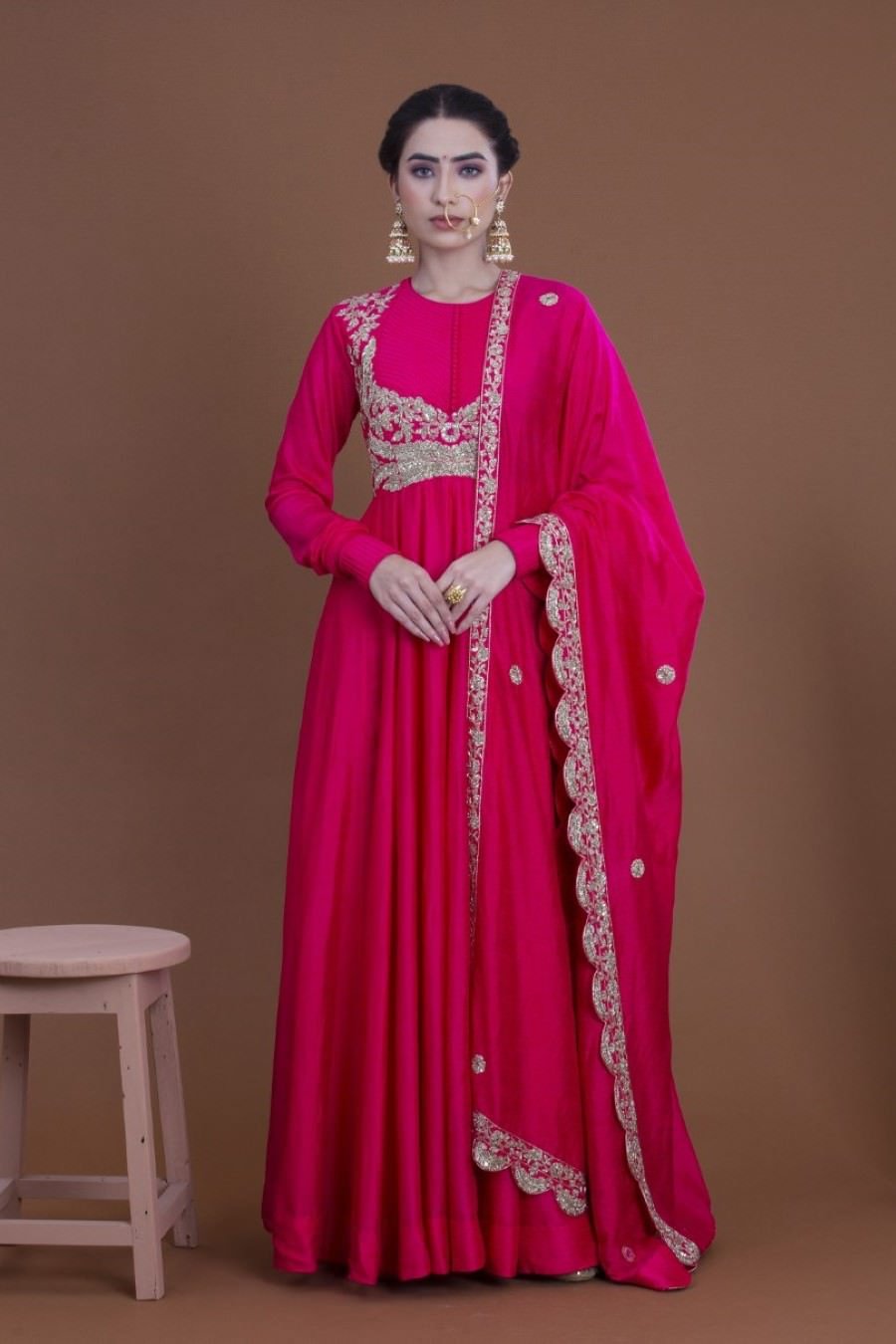 Rani Pink Crepe Silk Long Dress And Dupatta Set