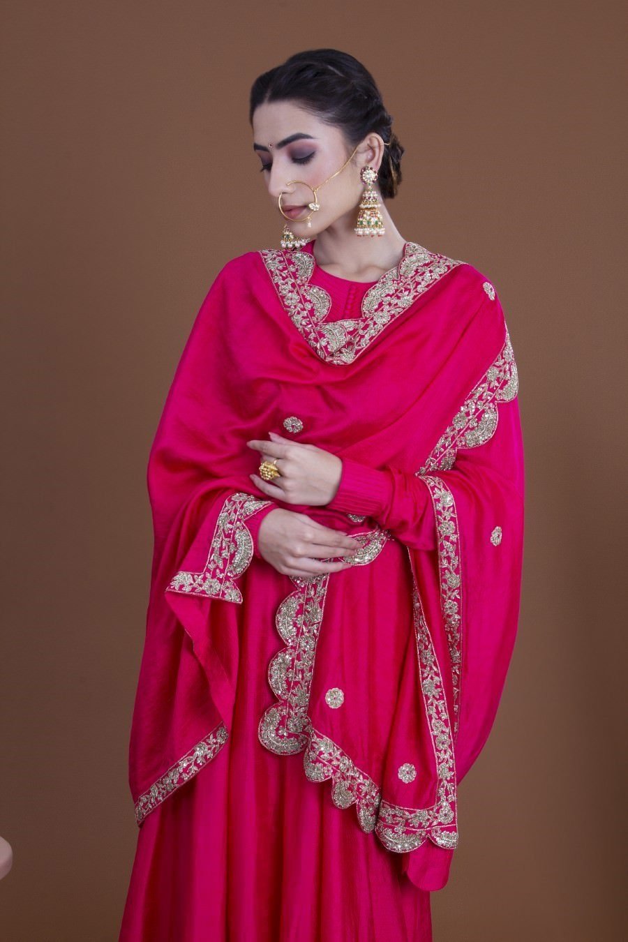 Rani Pink Crepe Silk Long Dress And Dupatta Set