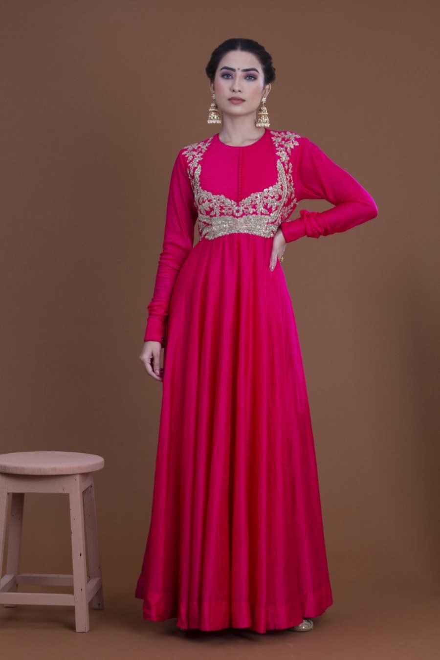 Rani Pink Crepe Silk Long Dress And Dupatta Set