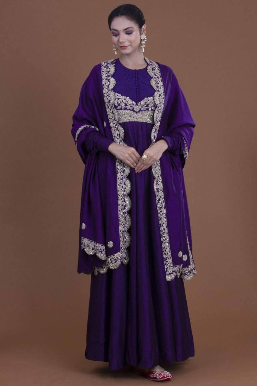 Purple Crepe Silk Long Dress And Dupatta Set