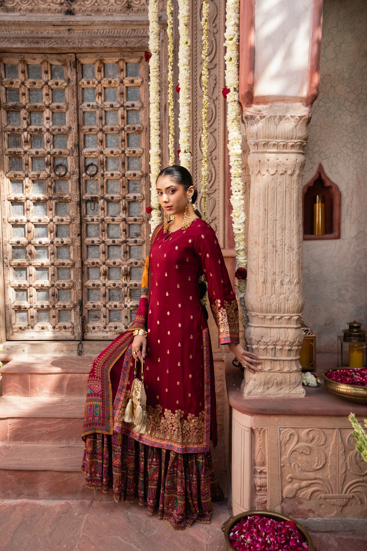 Maroon Embellished Brocade Silk Anarkali Set