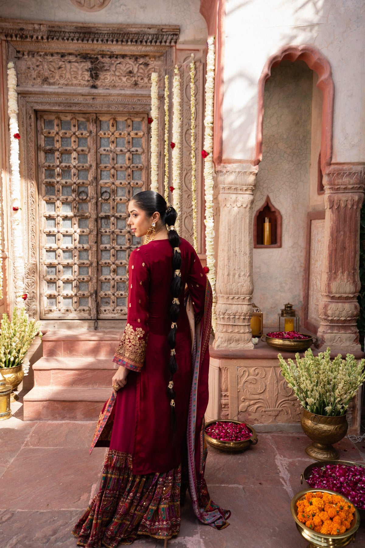 Maroon Embellished Brocade Silk Anarkali Set
