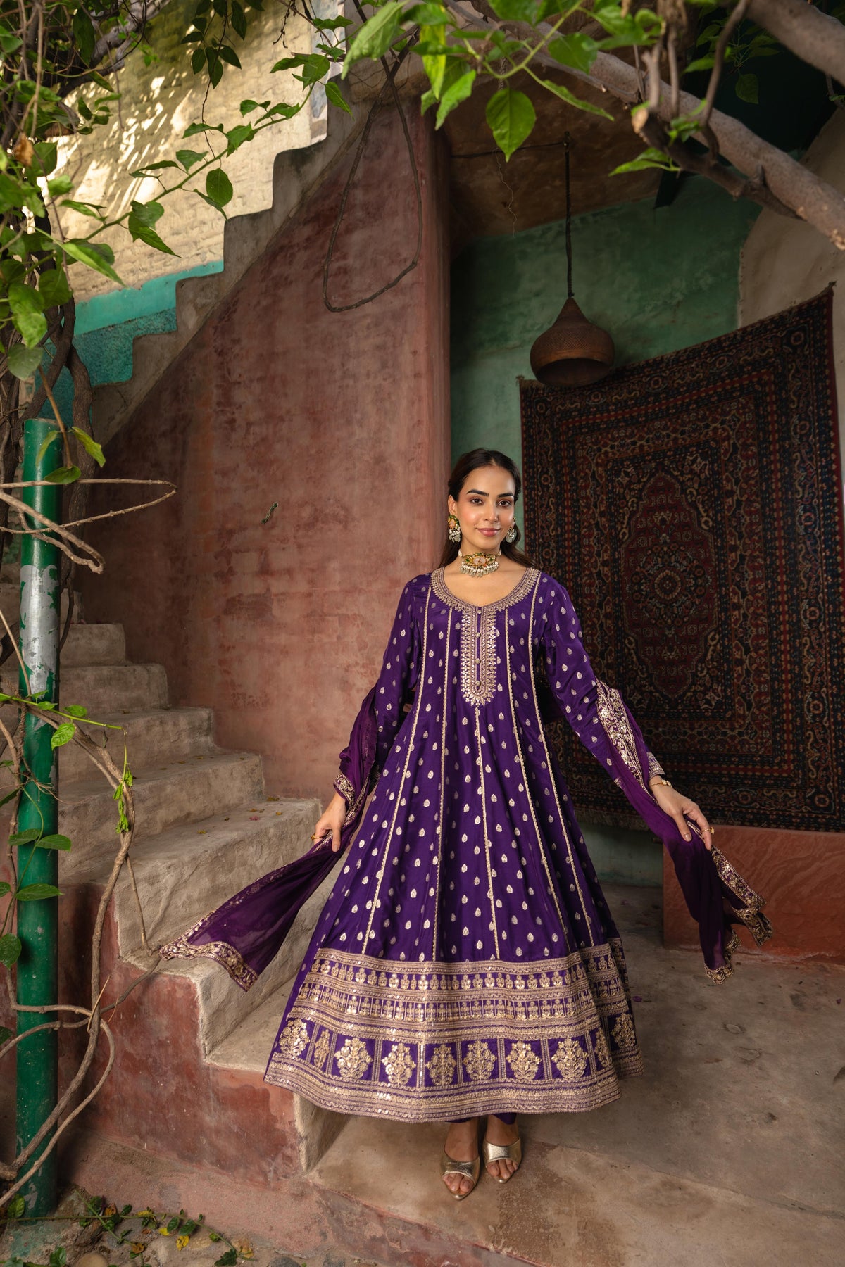 Royal Purple Embellished Brocade Silk Anarkali Set