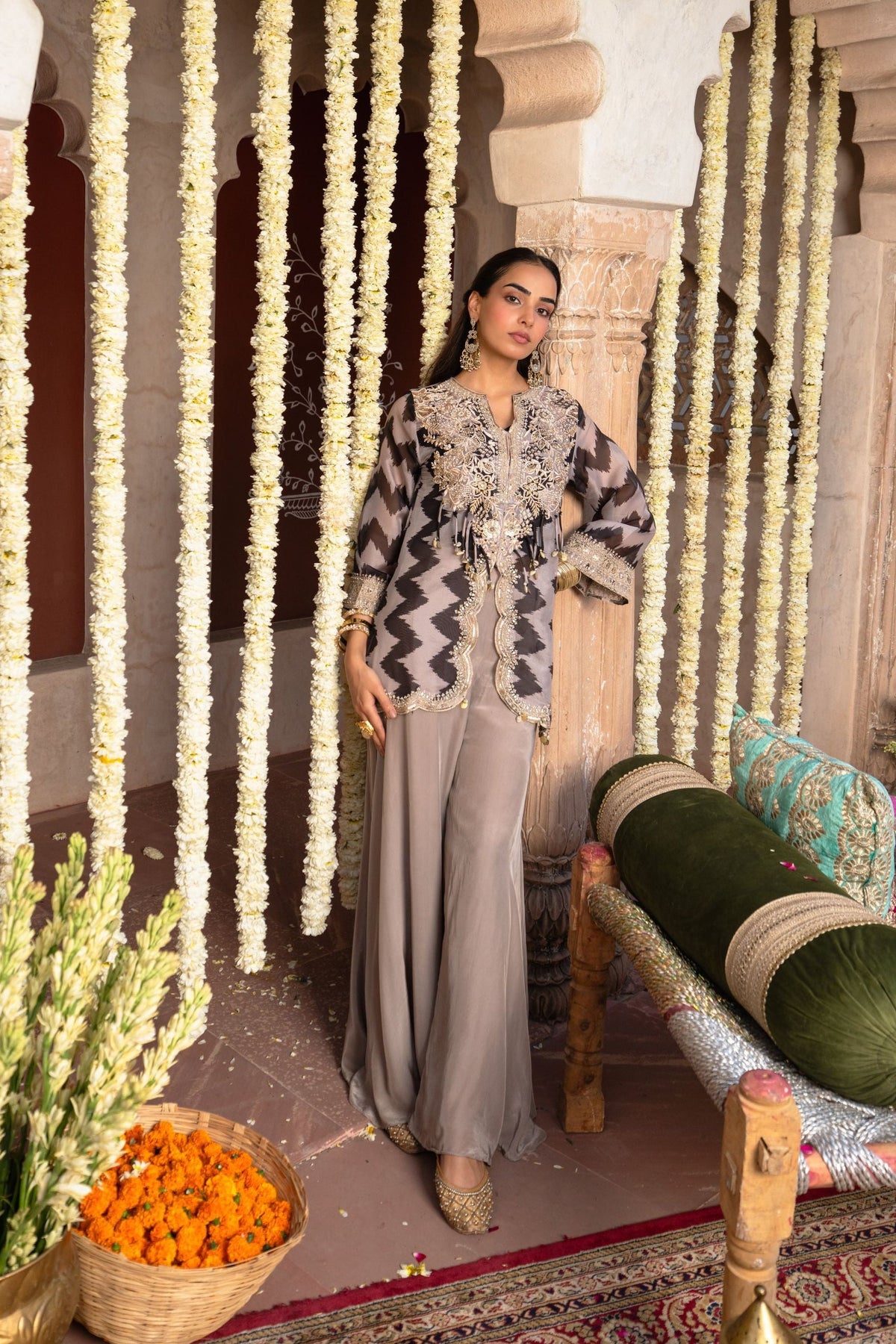 Charcoal Grey Embellished Crepe Satin Silk Palazzo Set