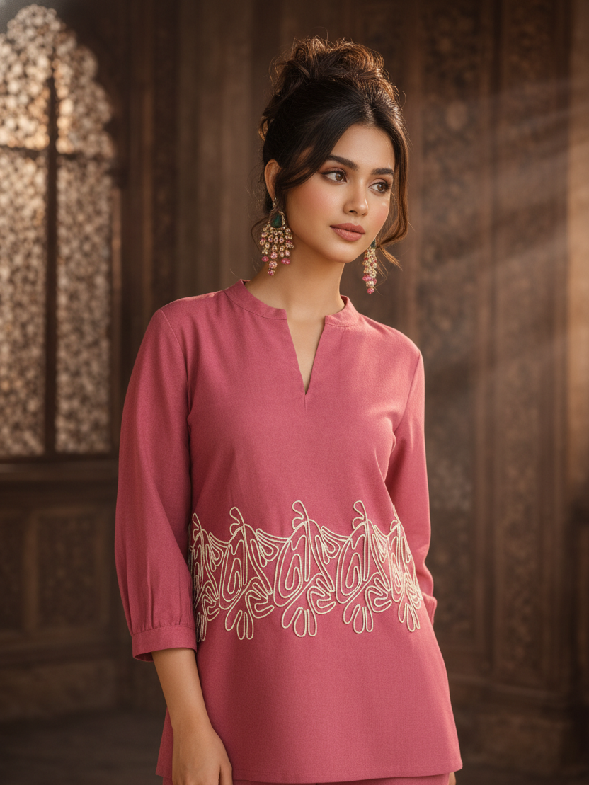Dusky Rose Embroidered Cotton Co-Ord Set