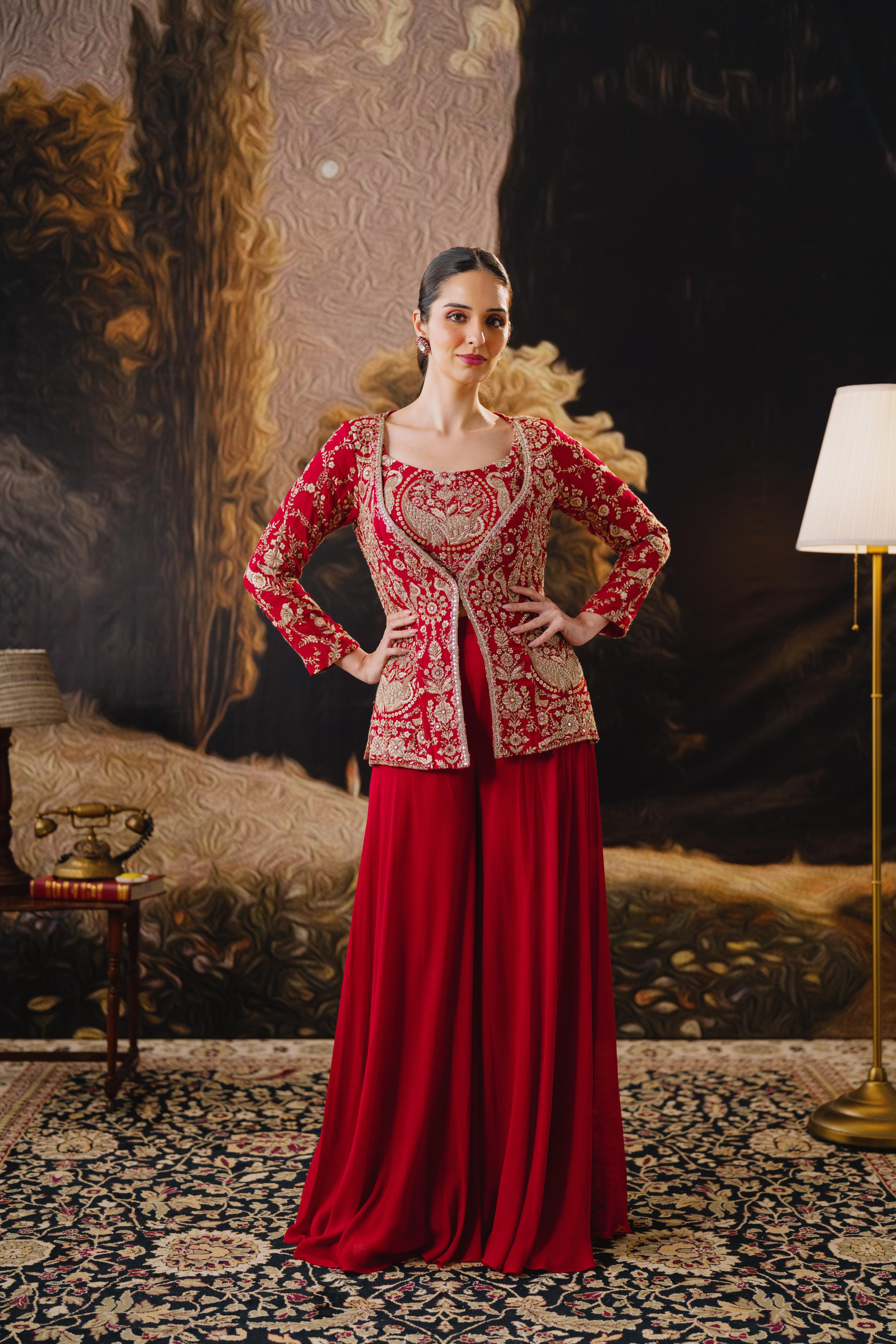 Crimson Royale Embroidered Jacket Palazzo Set