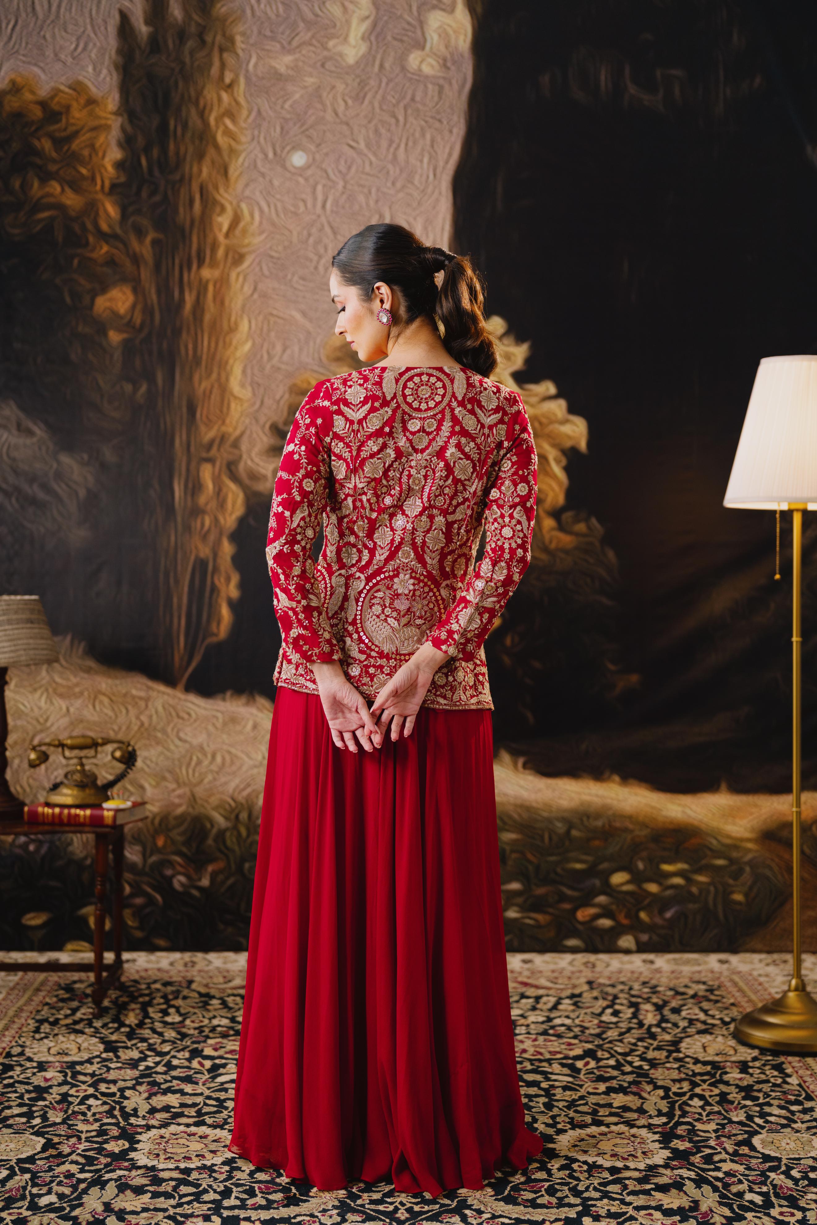 Crimson Royale Embroidered Jacket Palazzo Set