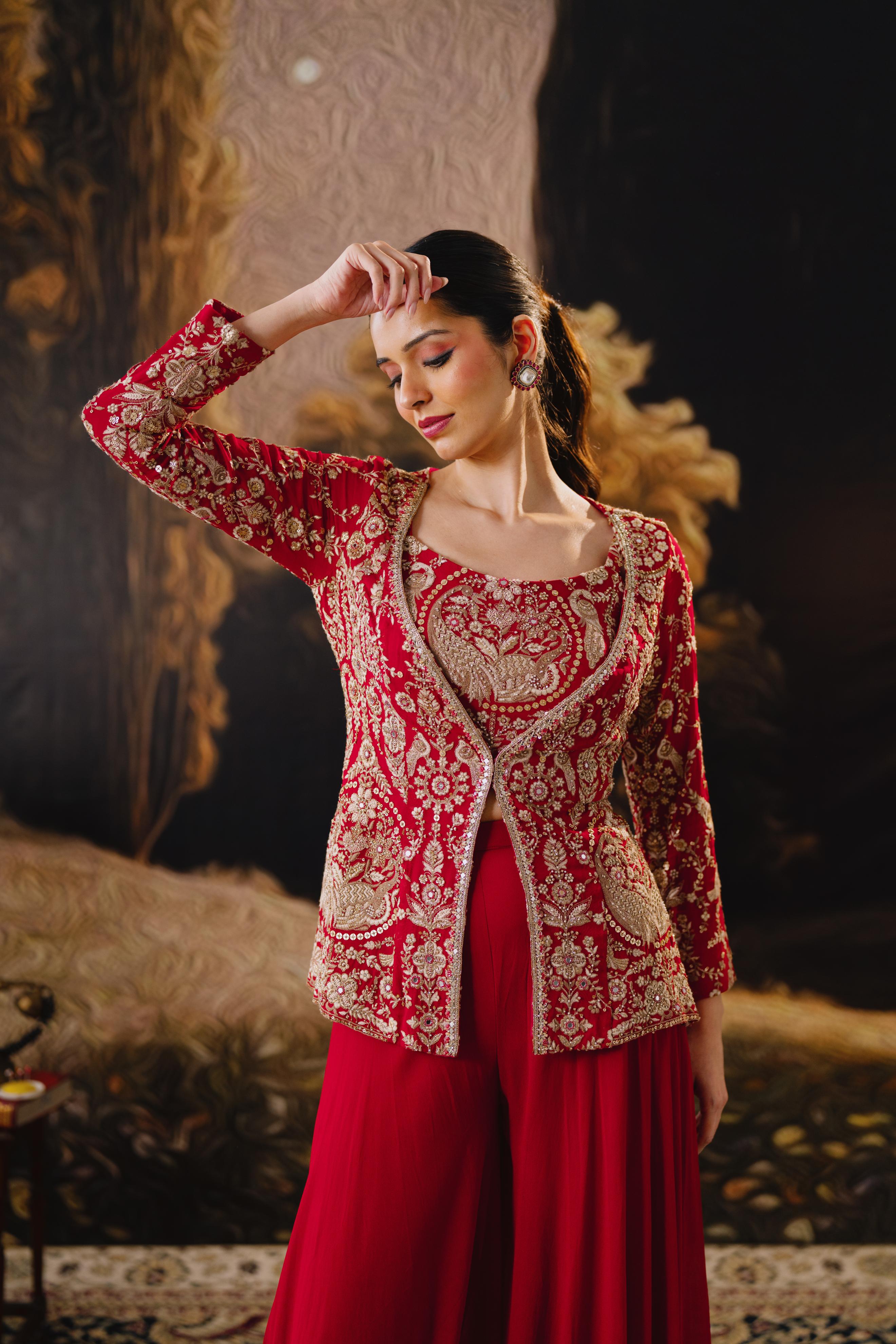 Crimson Royale Embroidered Jacket Palazzo Set