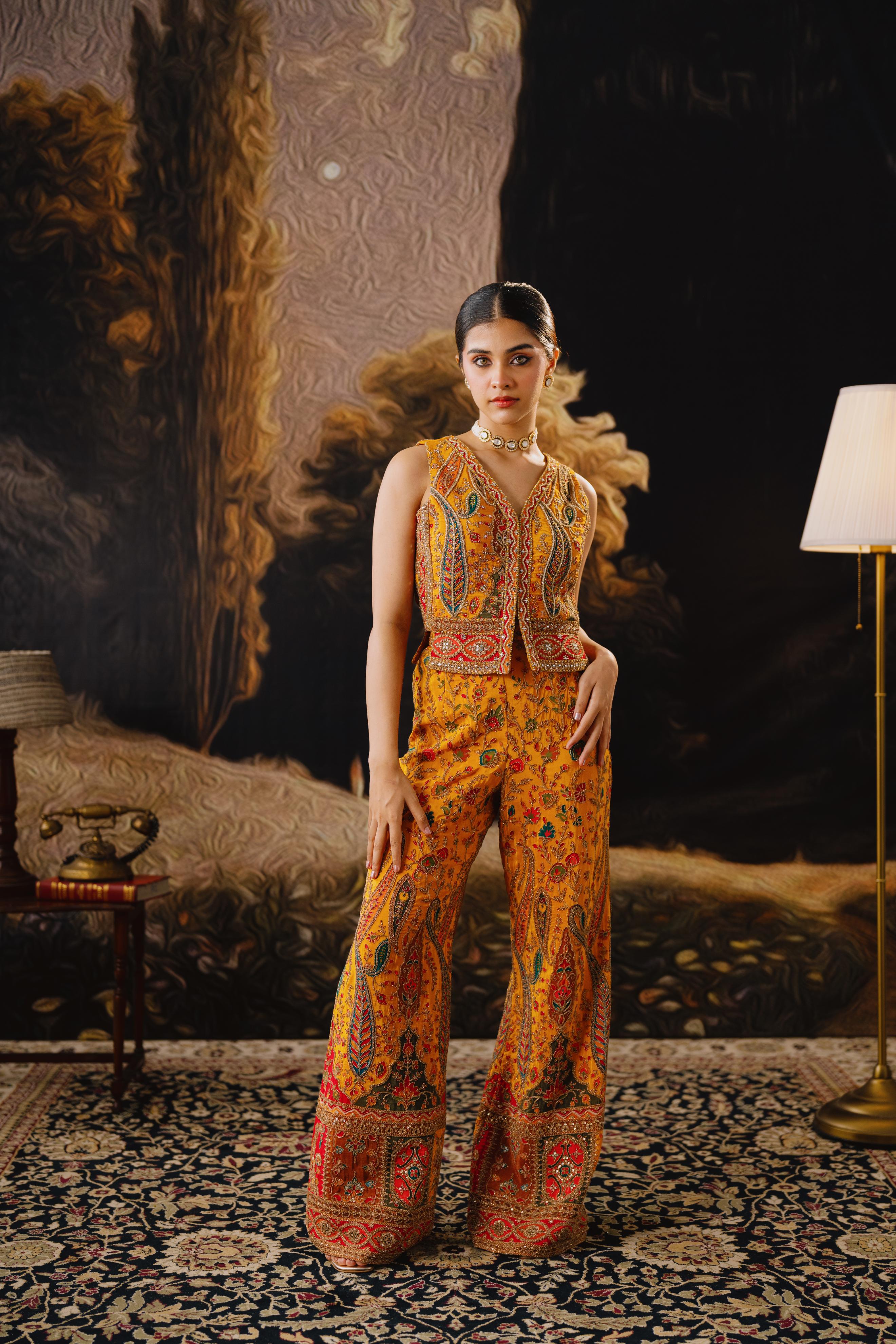 Mustard Embroidered Sleeveless Palazzo Set