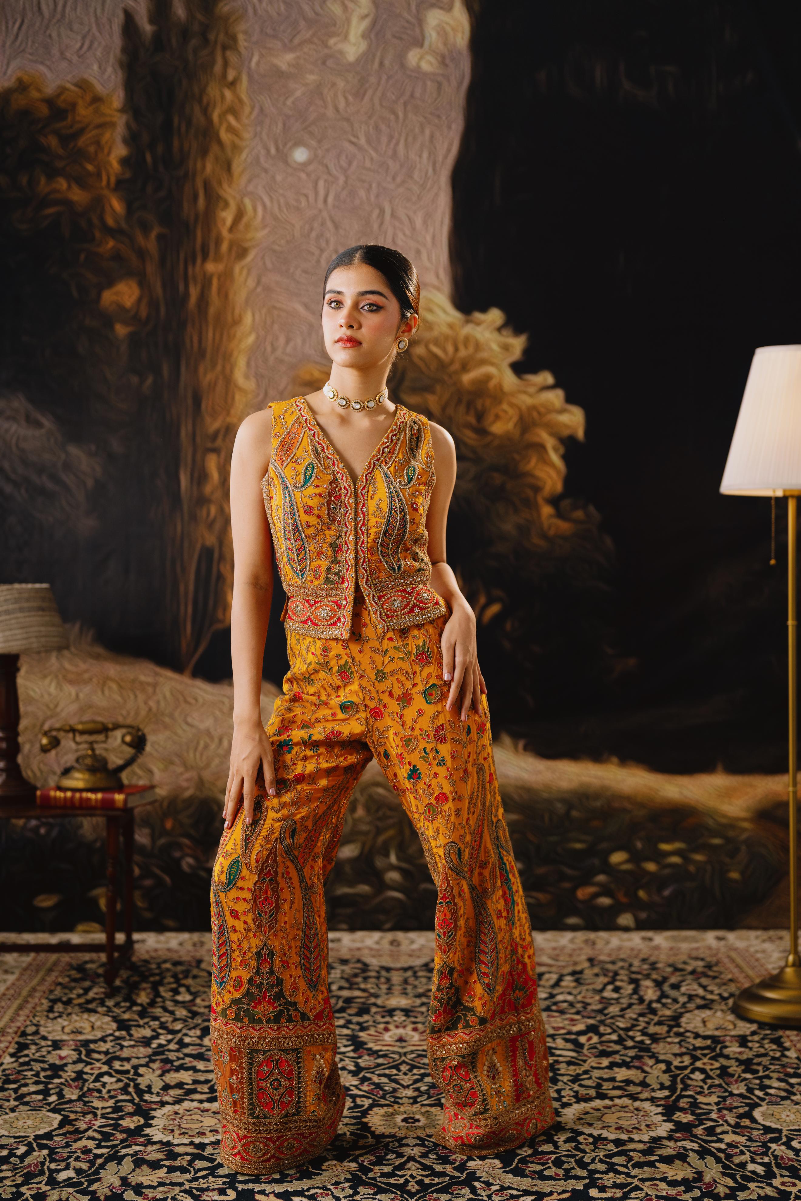 Mustard Embroidered Sleeveless Palazzo Set