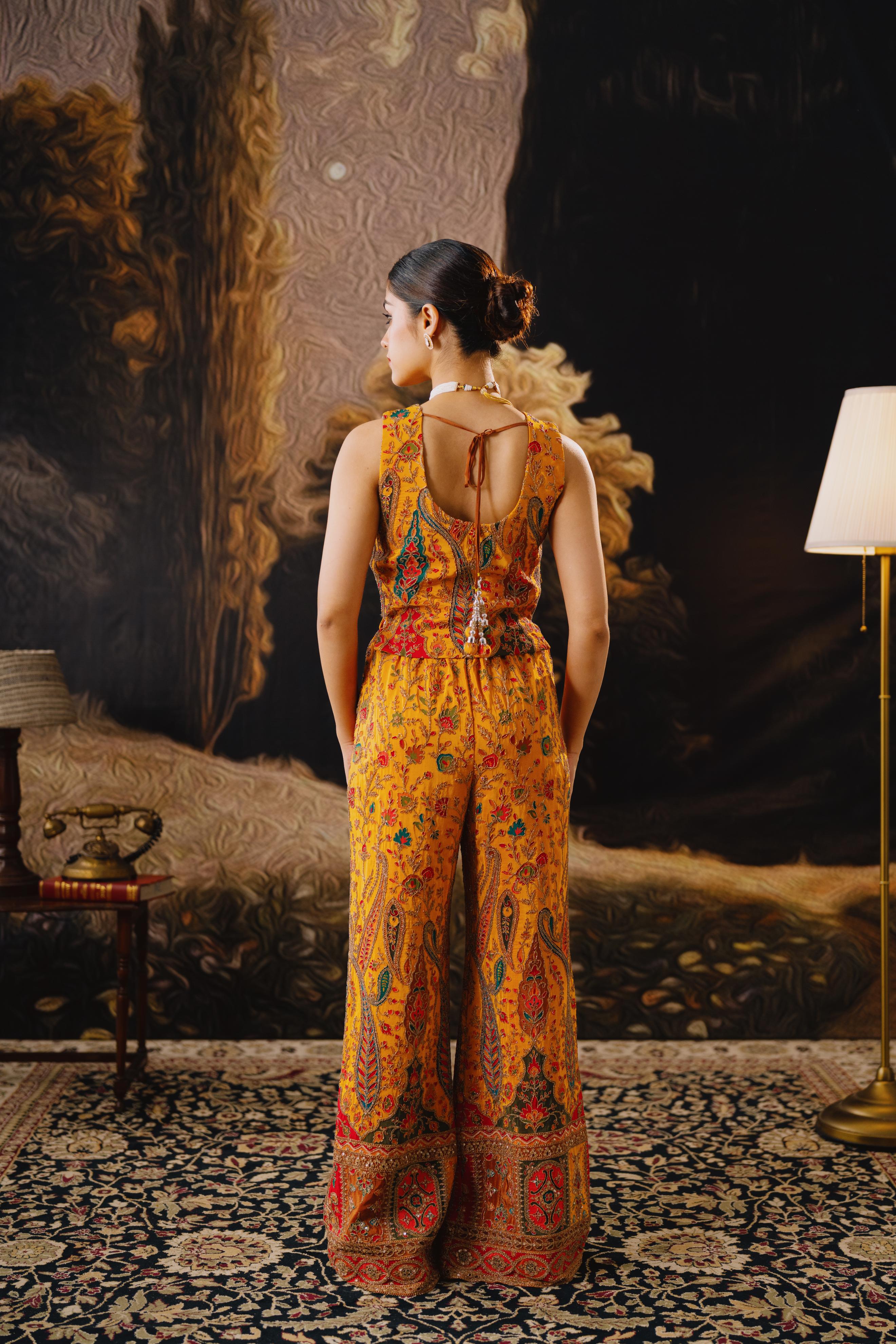Mustard Embroidered Sleeveless Palazzo Set