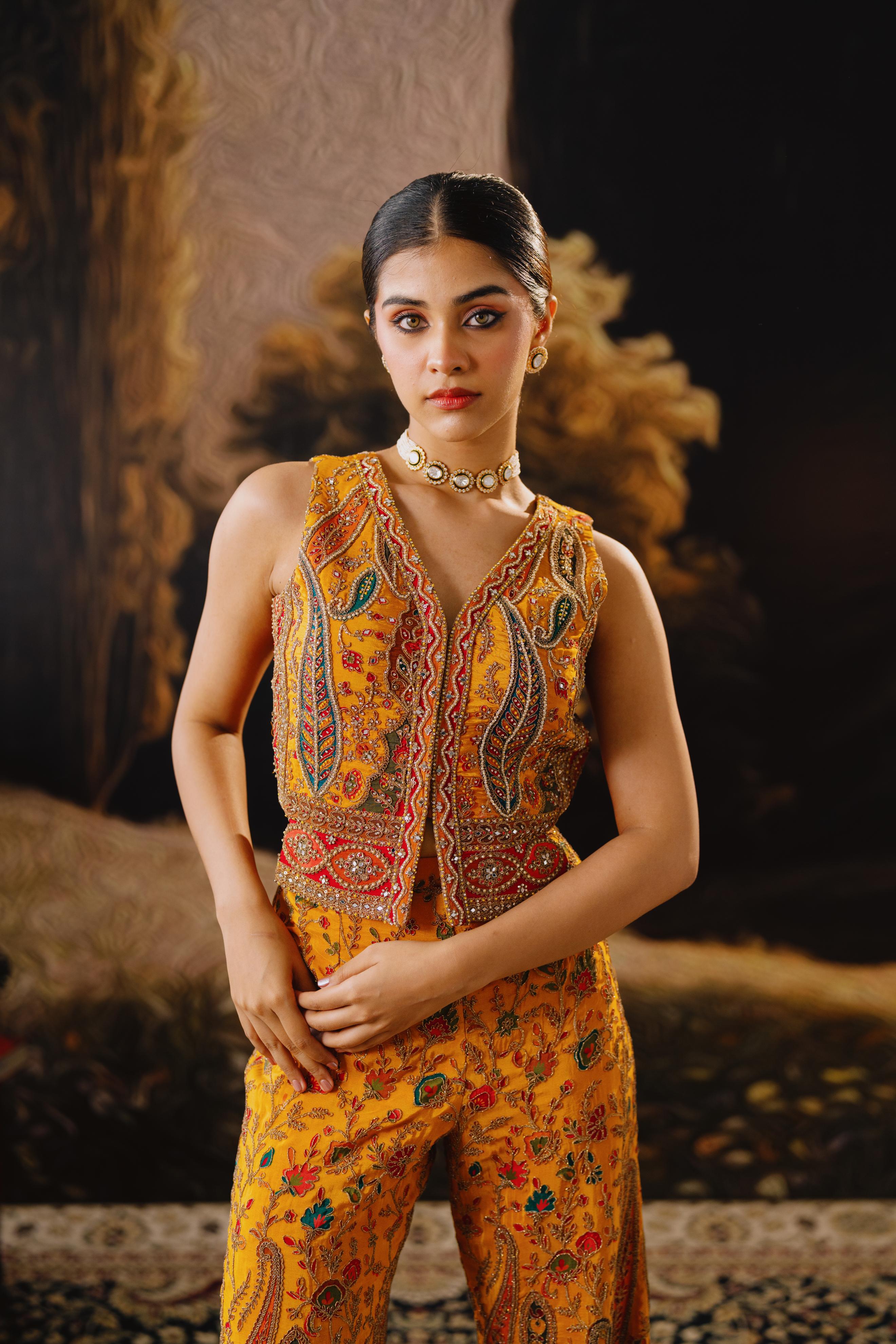 Mustard Embroidered Sleeveless Palazzo Set