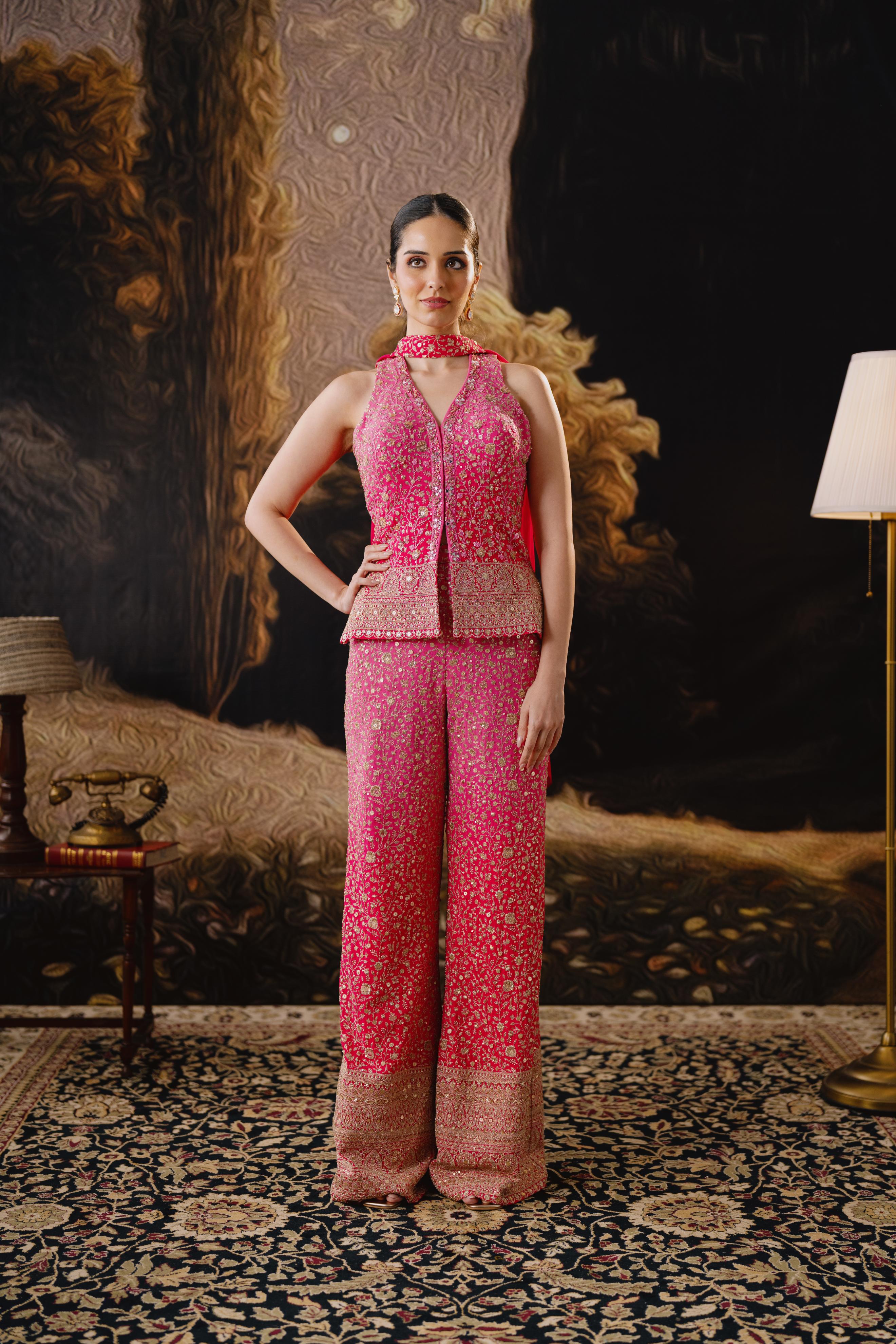 Pink Embellished Sleeveless Palazzo Set