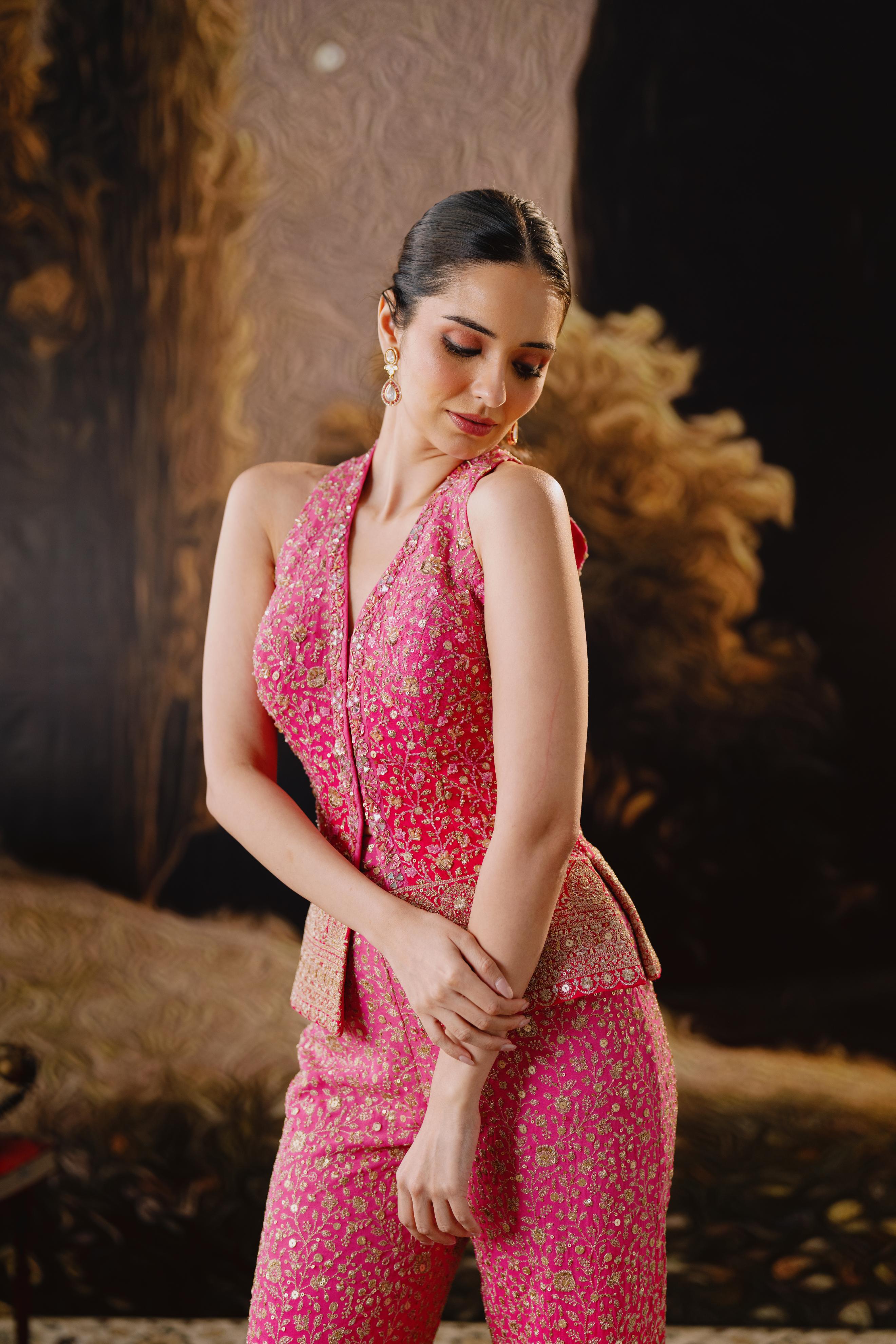 Pink Embellished Sleeveless Palazzo Set
