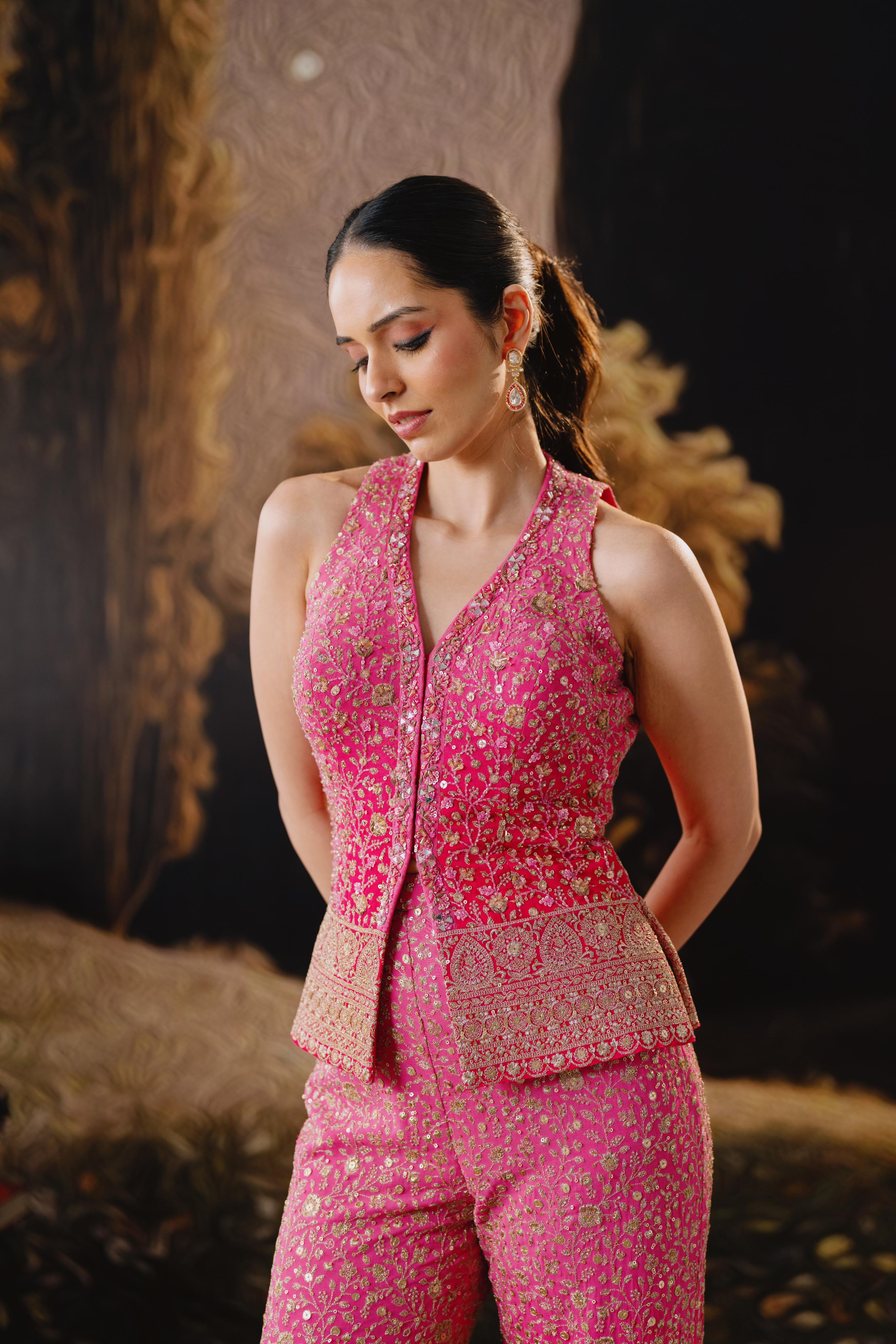 Pink Embellished Sleeveless Palazzo Set