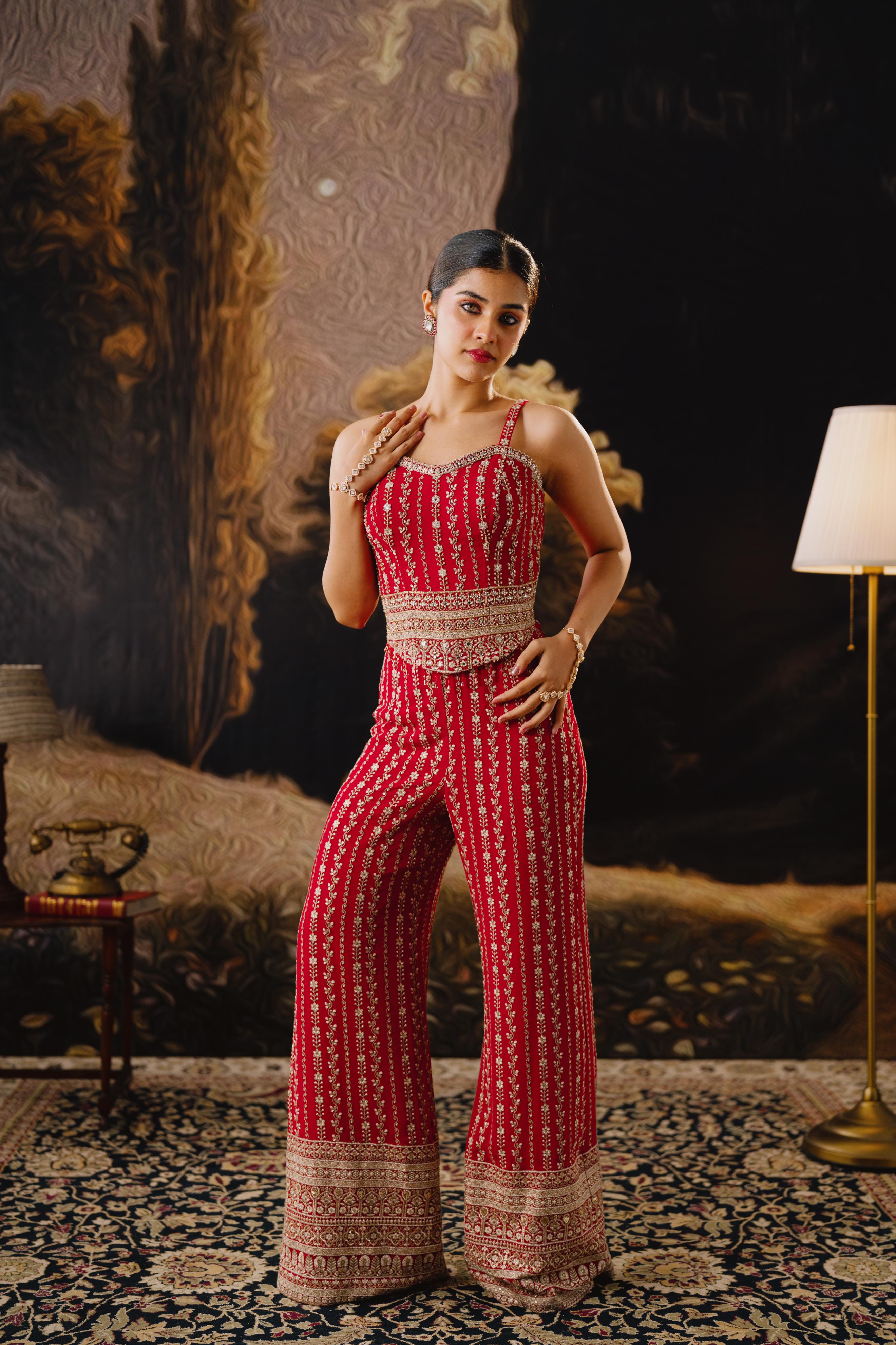 Crimson Zari Embroidered Palazzo Set