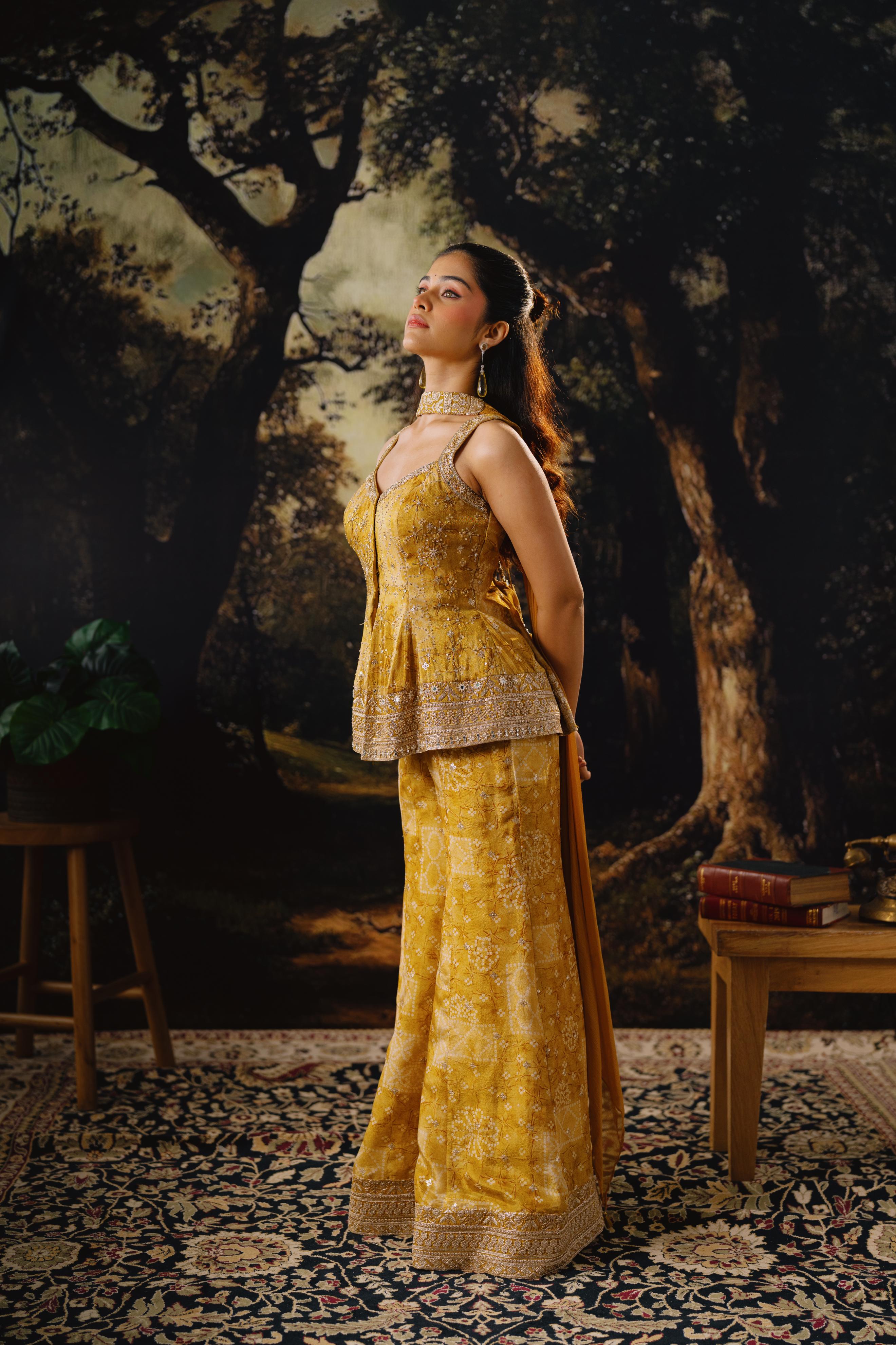 Mustard Yellow Embroidered Peplum Palazzo Set