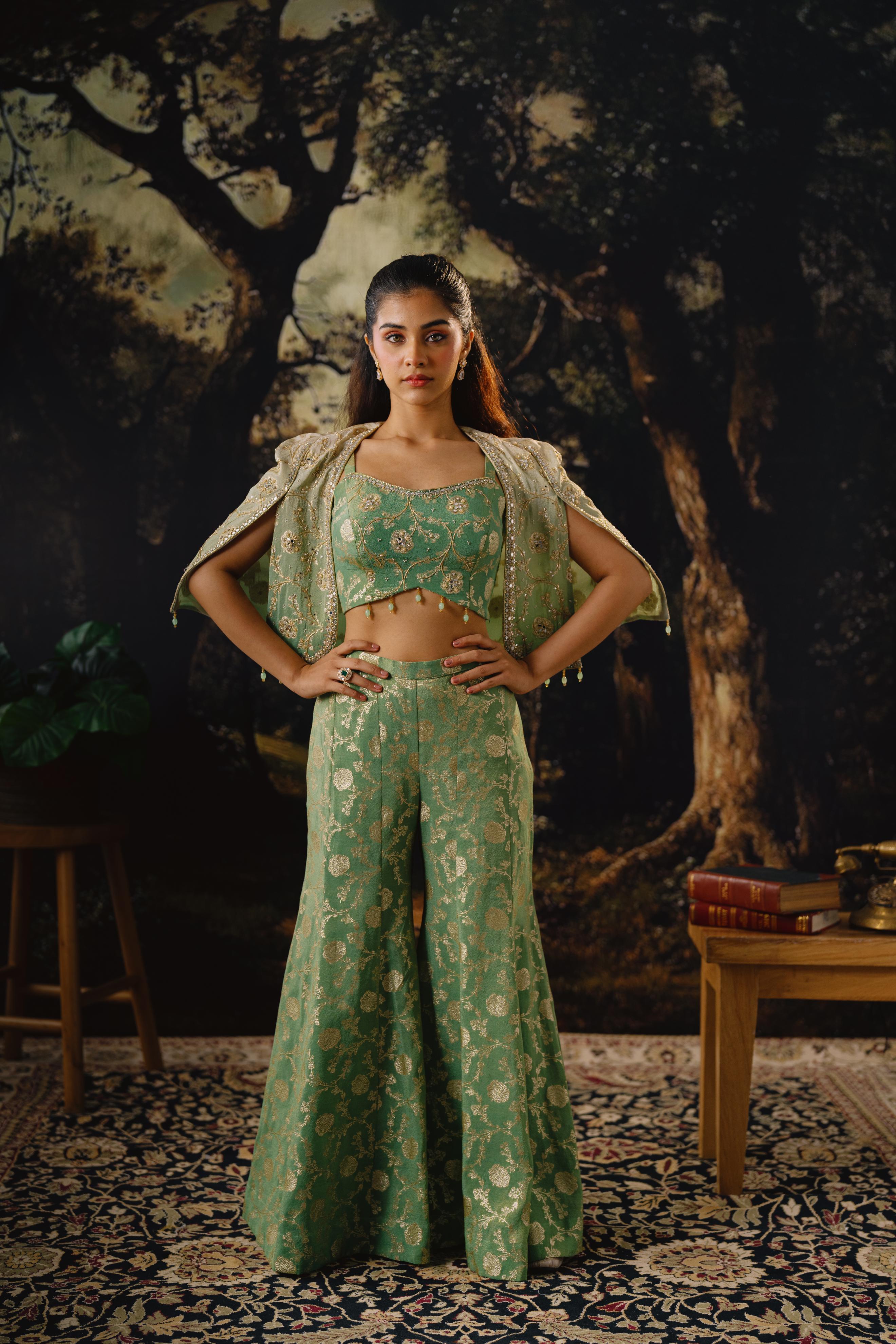 Mint Green Embroidered Silk Cape Set