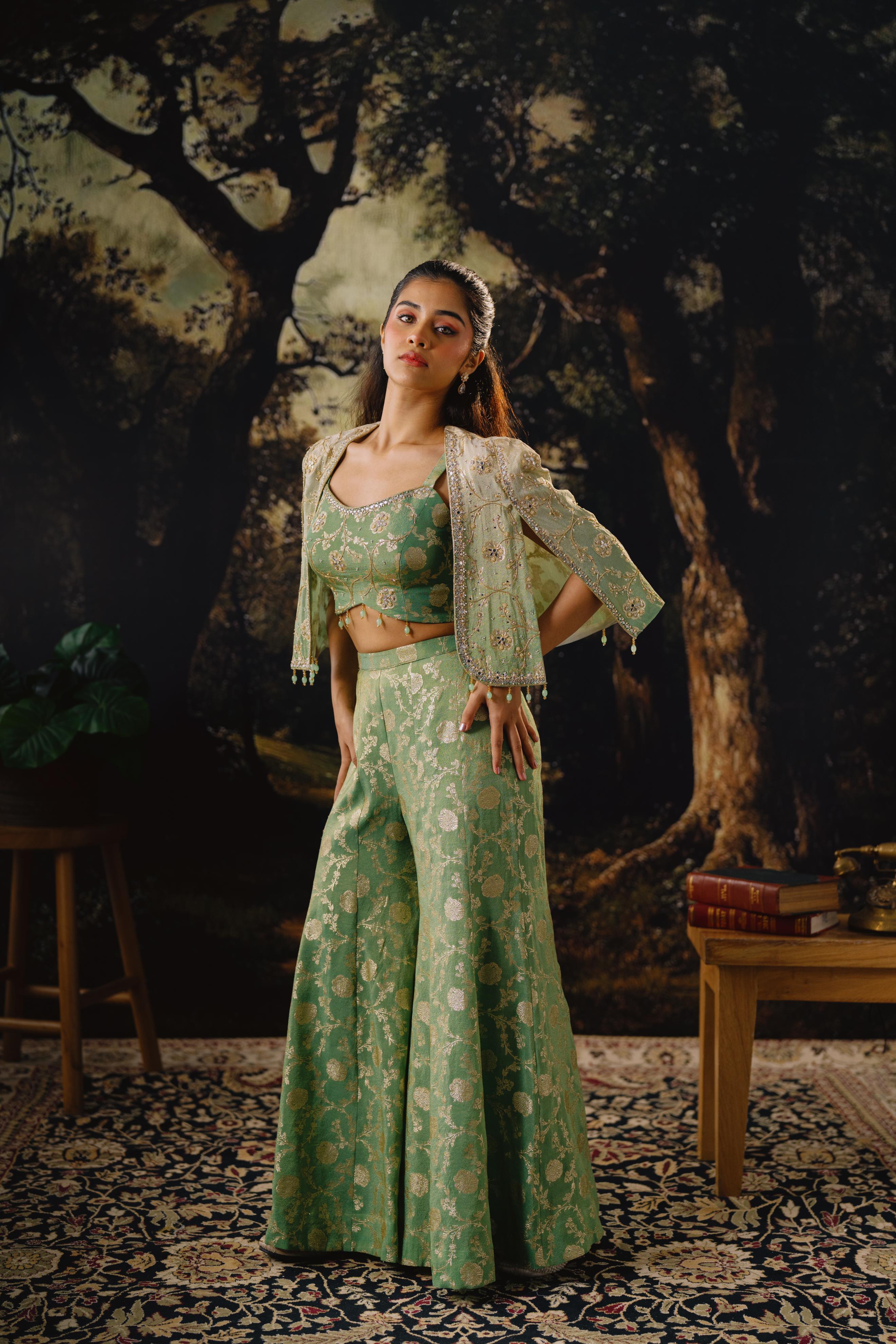 Mint Green Embroidered Silk Cape Set