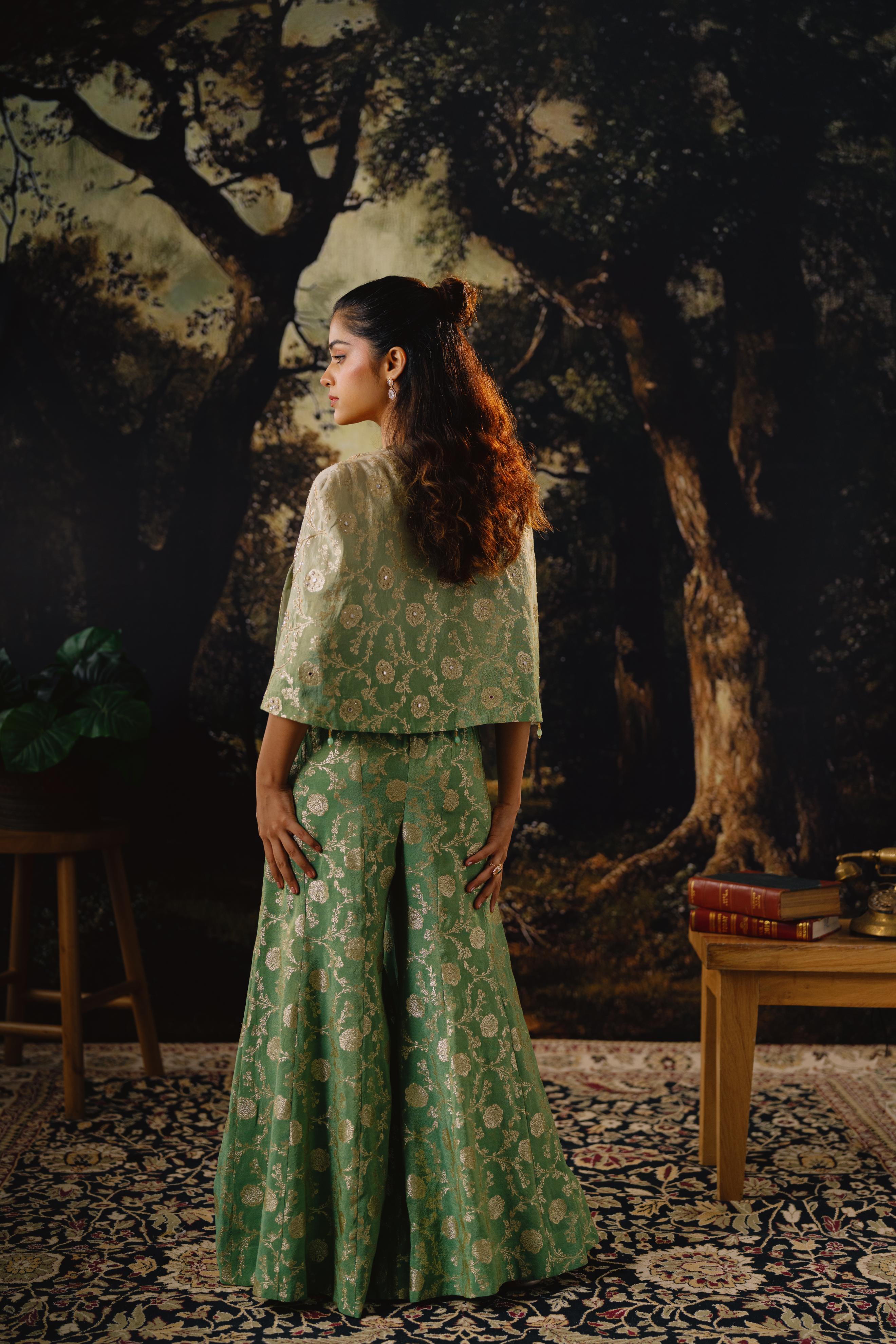 Mint Green Embroidered Silk Cape Set