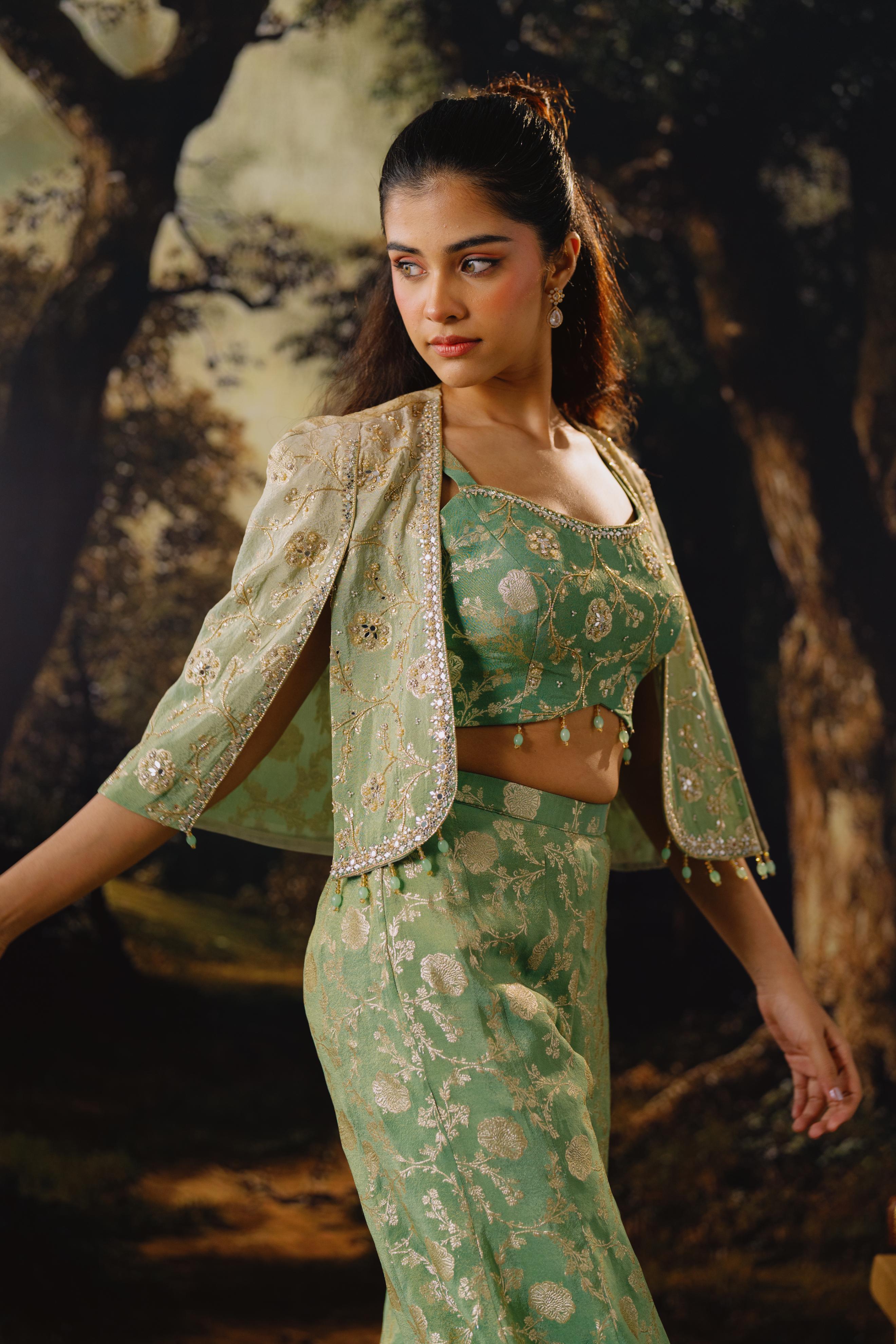 Mint Green Embroidered Silk Cape Set