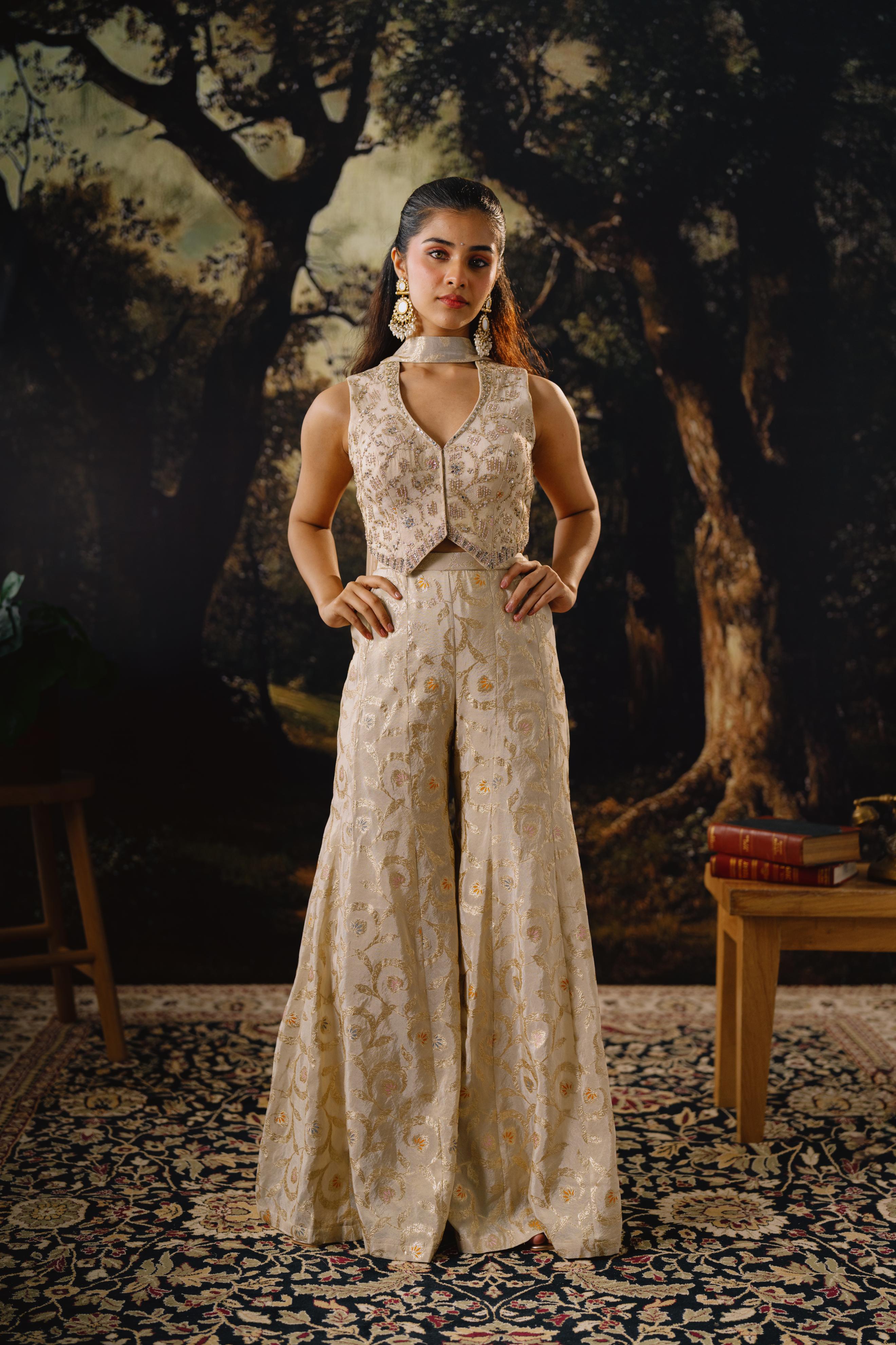 Champagne Brocade Silk Embellished Palazzo Set