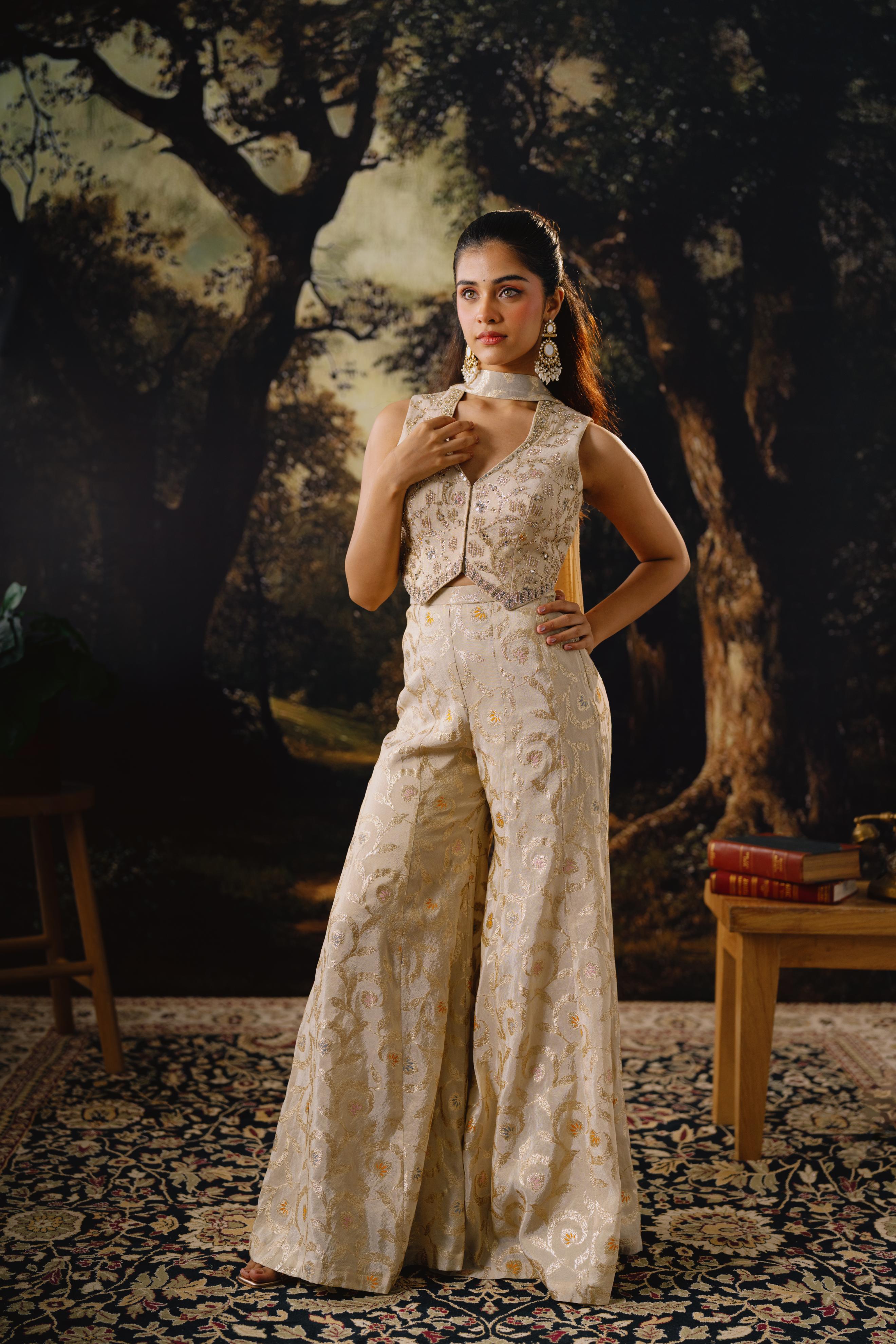 Champagne Brocade Silk Embellished Palazzo Set