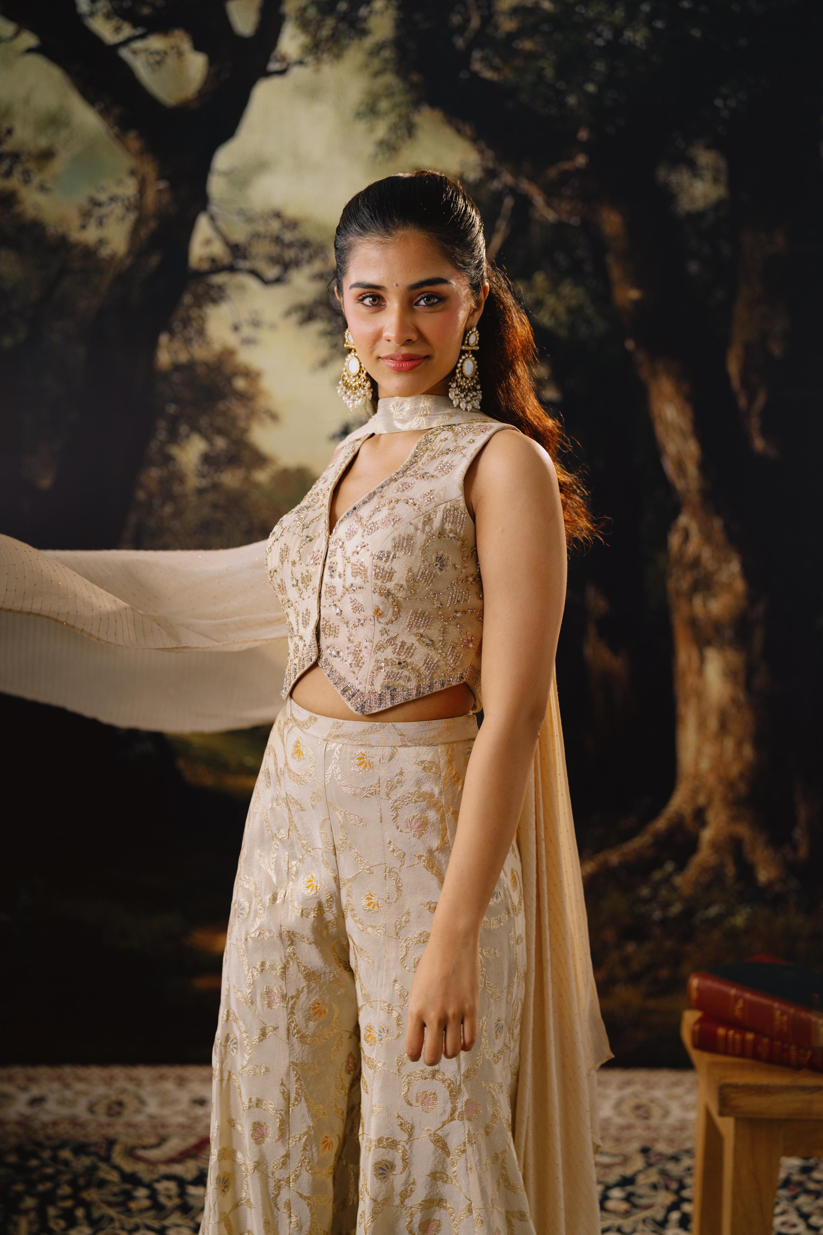 Champagne Brocade Silk Embellished Palazzo Set