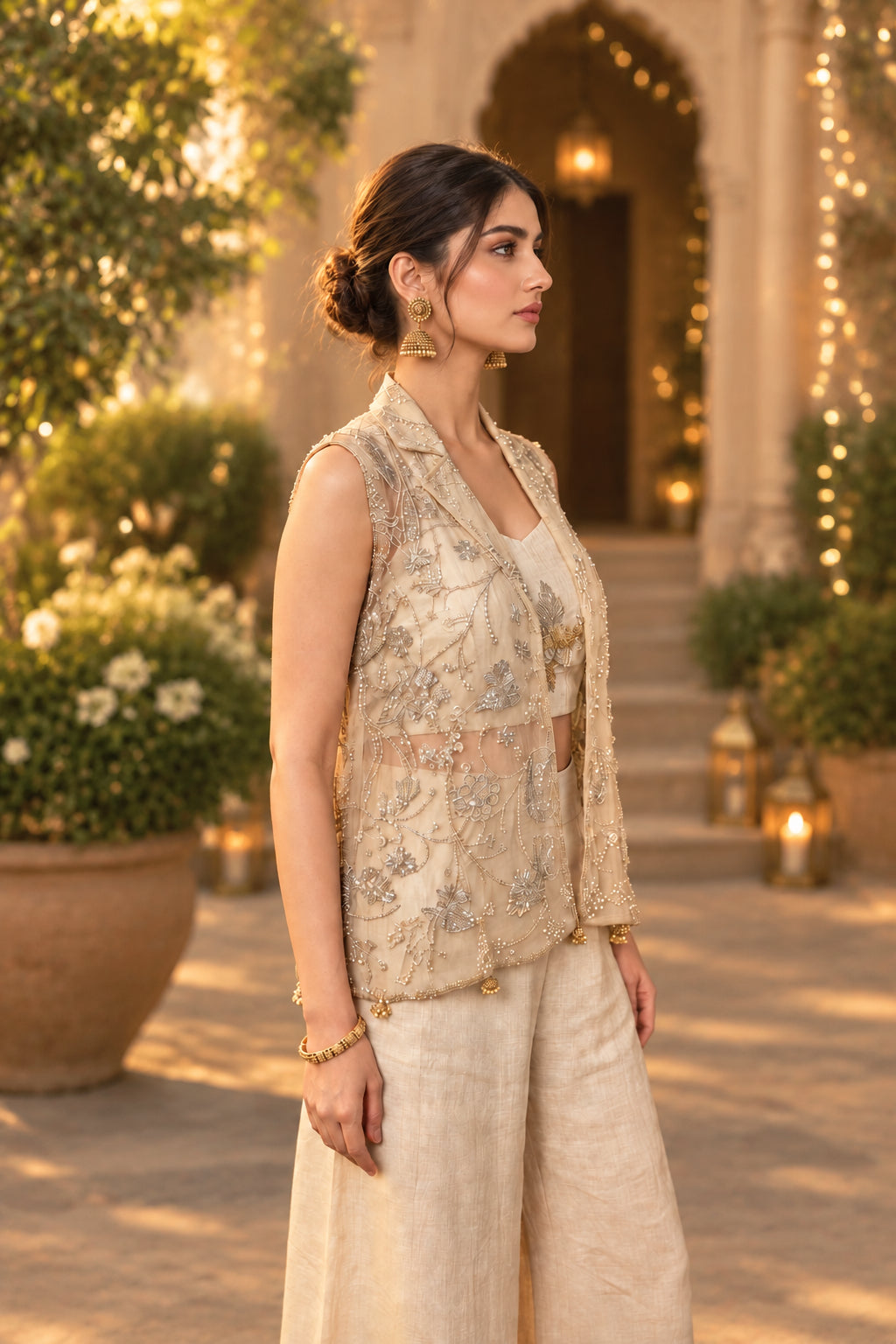 White Pearl Embellished Shimmer Silk Cape Set