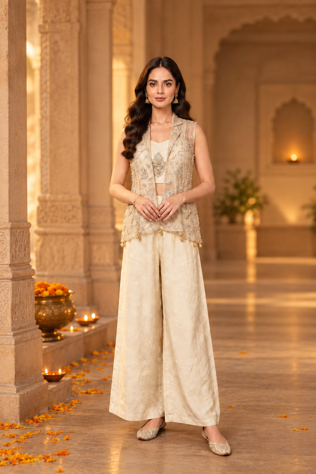 White Pearl Embellished Shimmer Silk Cape Set