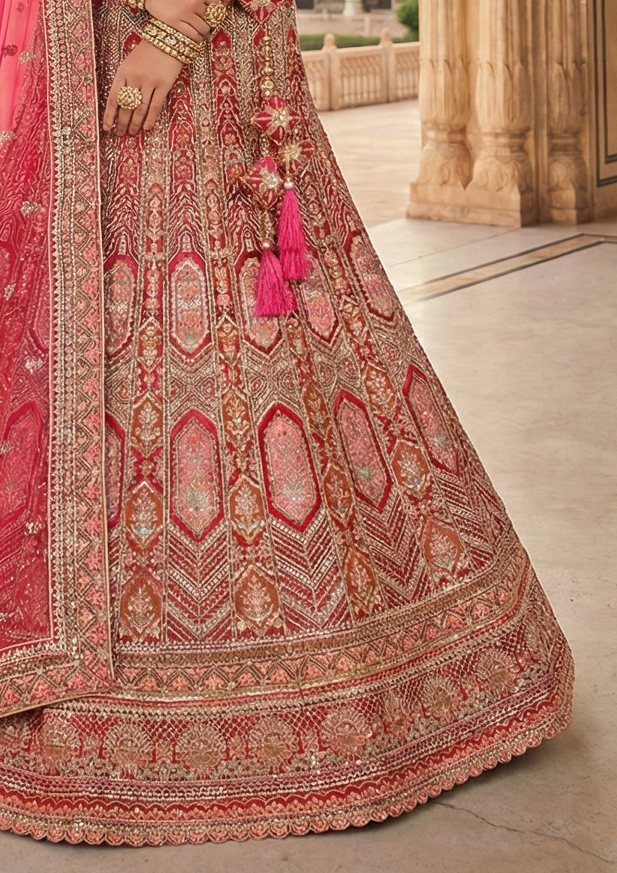 Rani Red Embellished Premium Velvet Lehenga Set