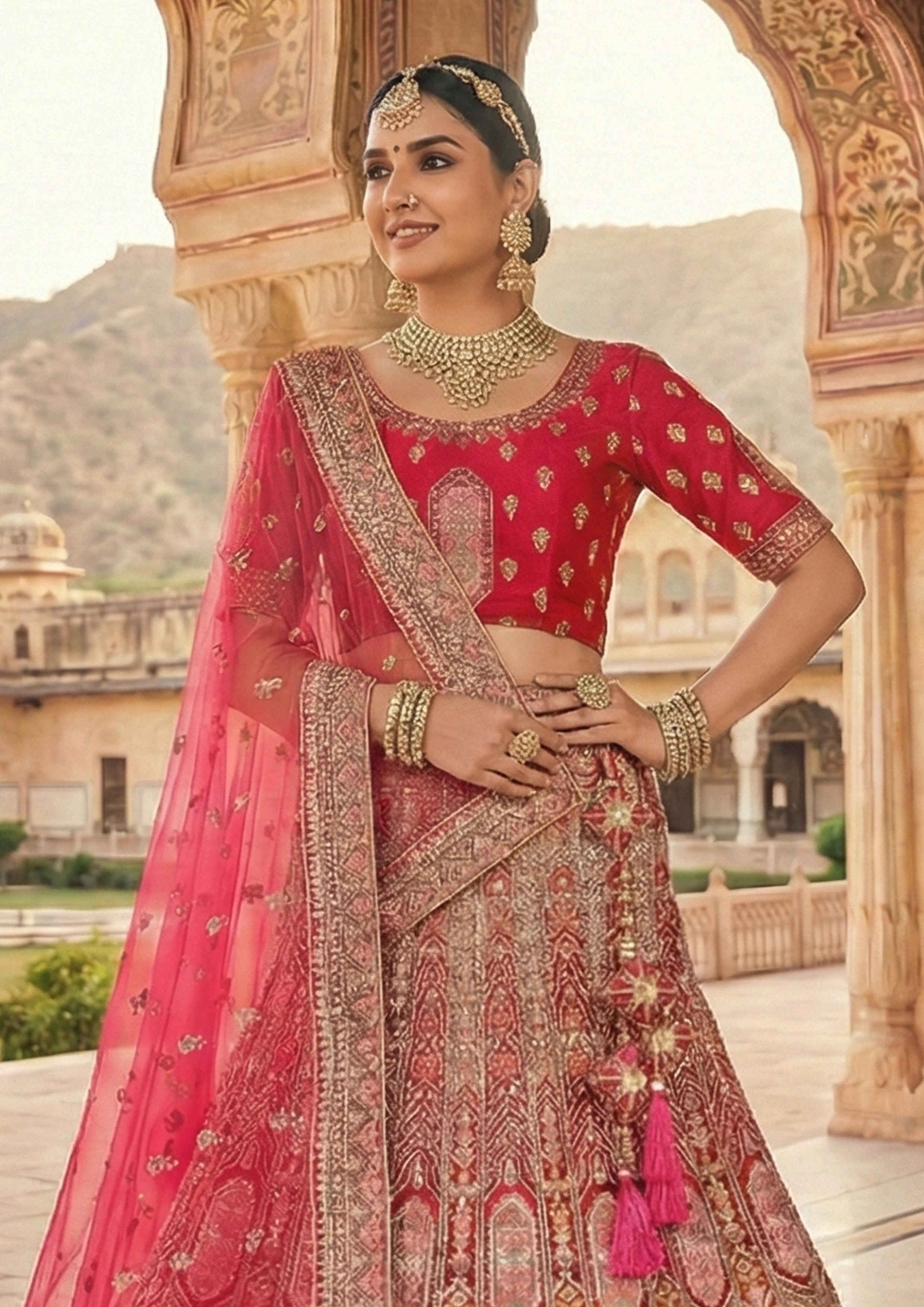 Rani Red Embellished Premium Velvet Lehenga Set