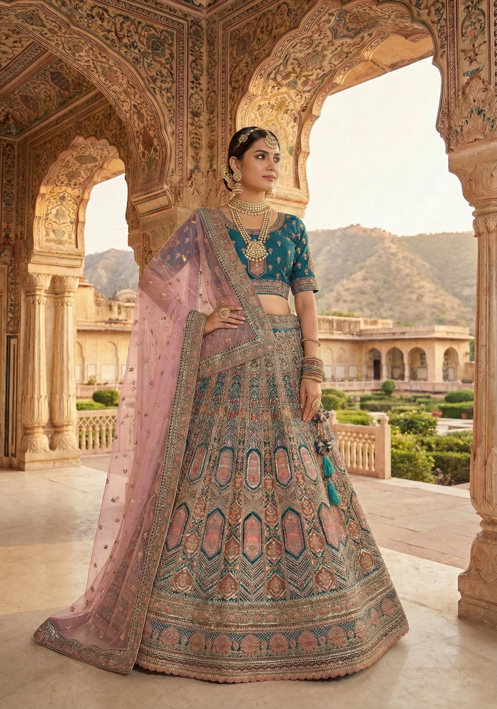 Peacock Teal Embellished Premium Velvet Lehenga Set