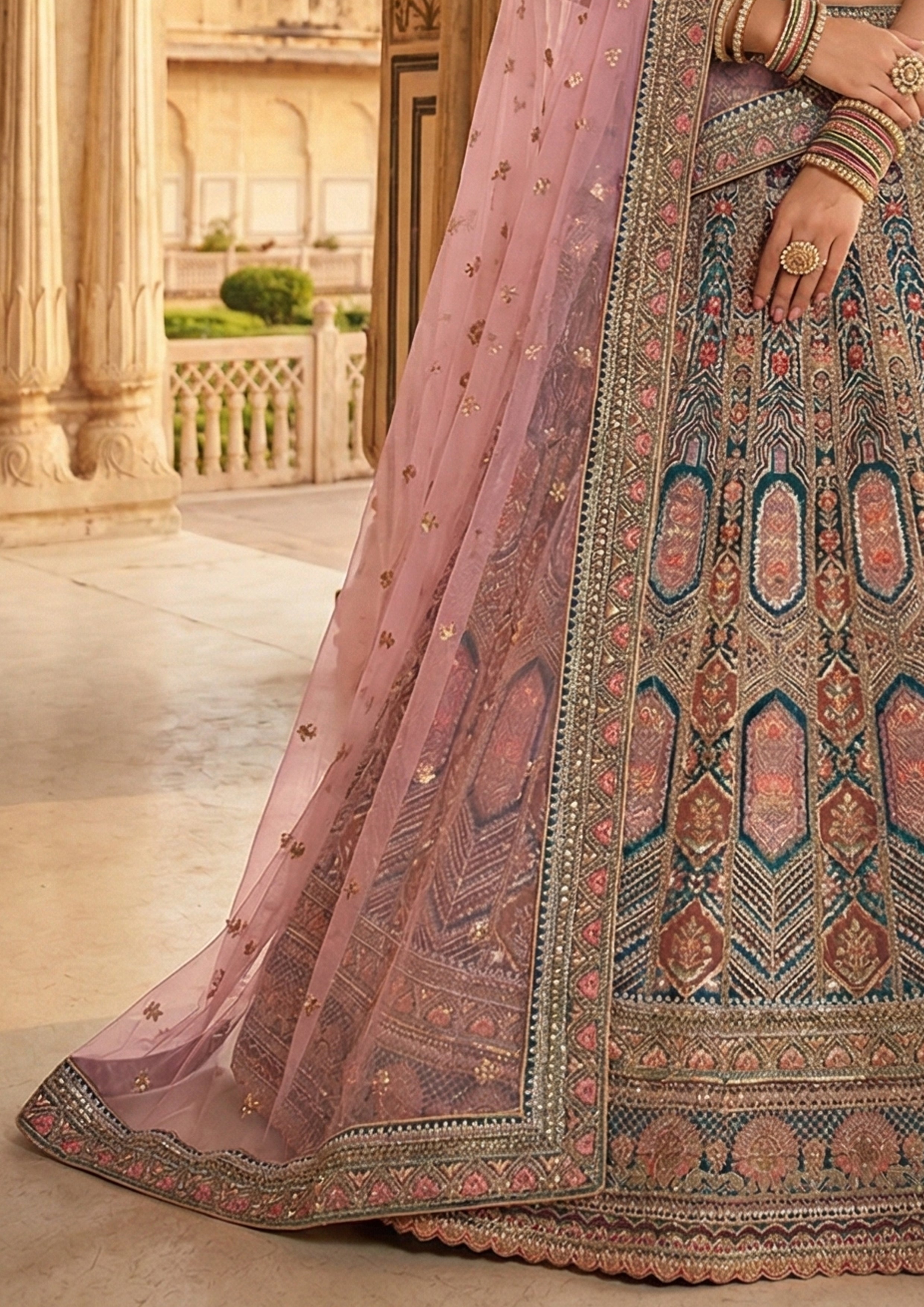 Peacock Teal Embellished Premium Velvet Lehenga Set