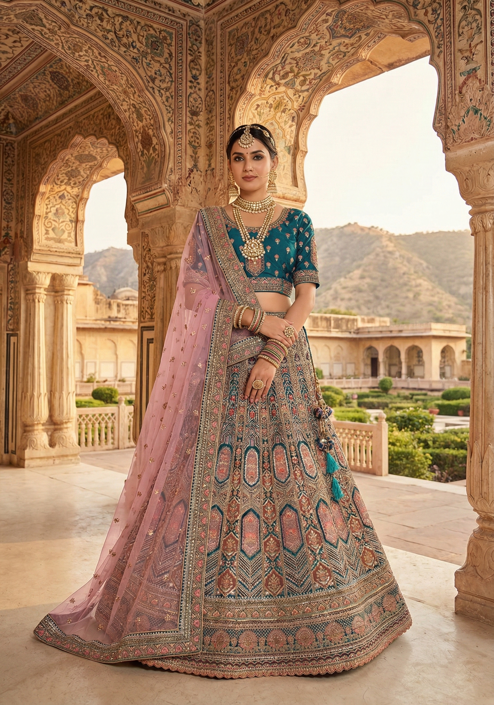 Peacock Teal Embellished Premium Velvet Lehenga Set