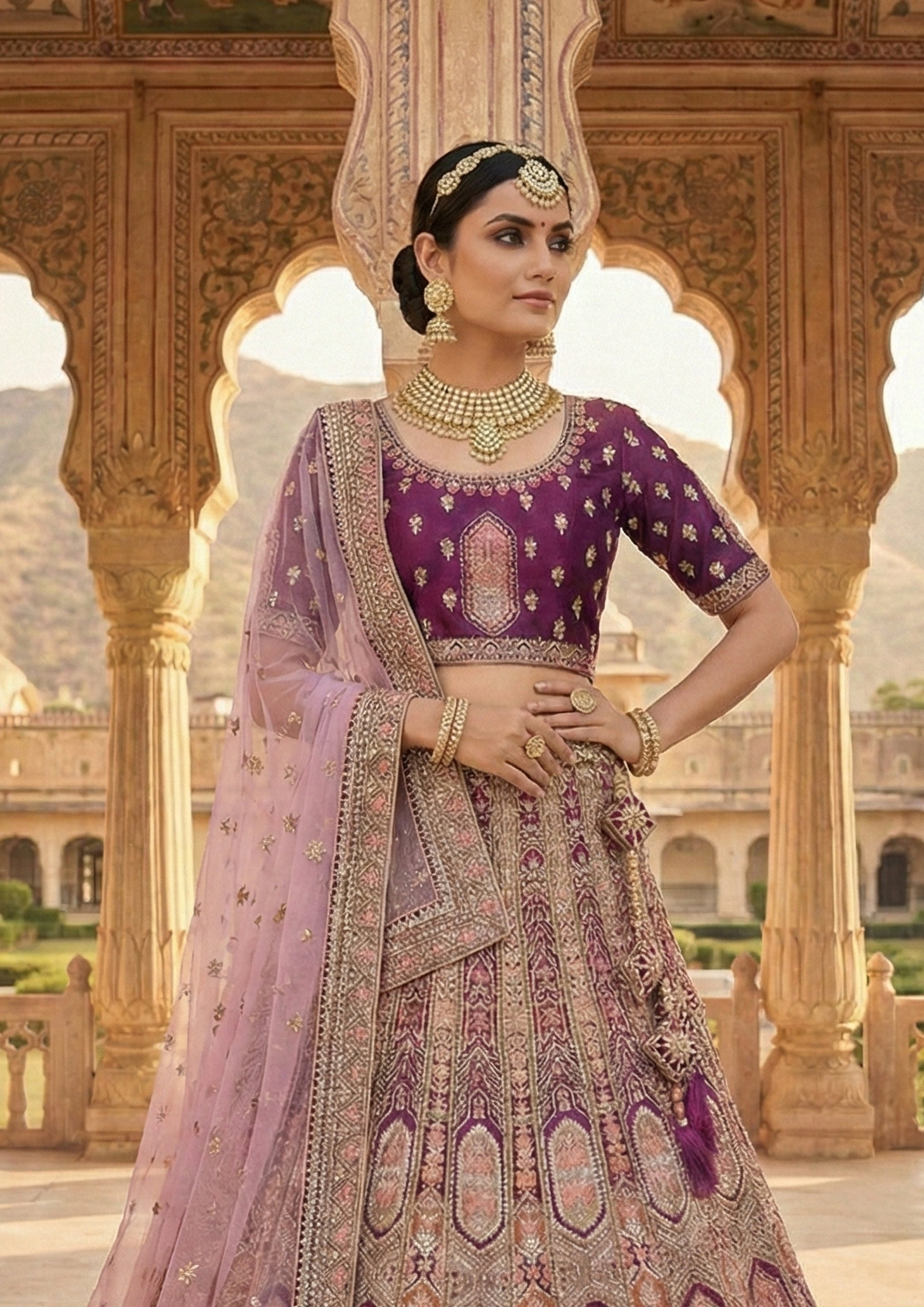 Royal Plum Embellished Premium Velvet Lehenga Set