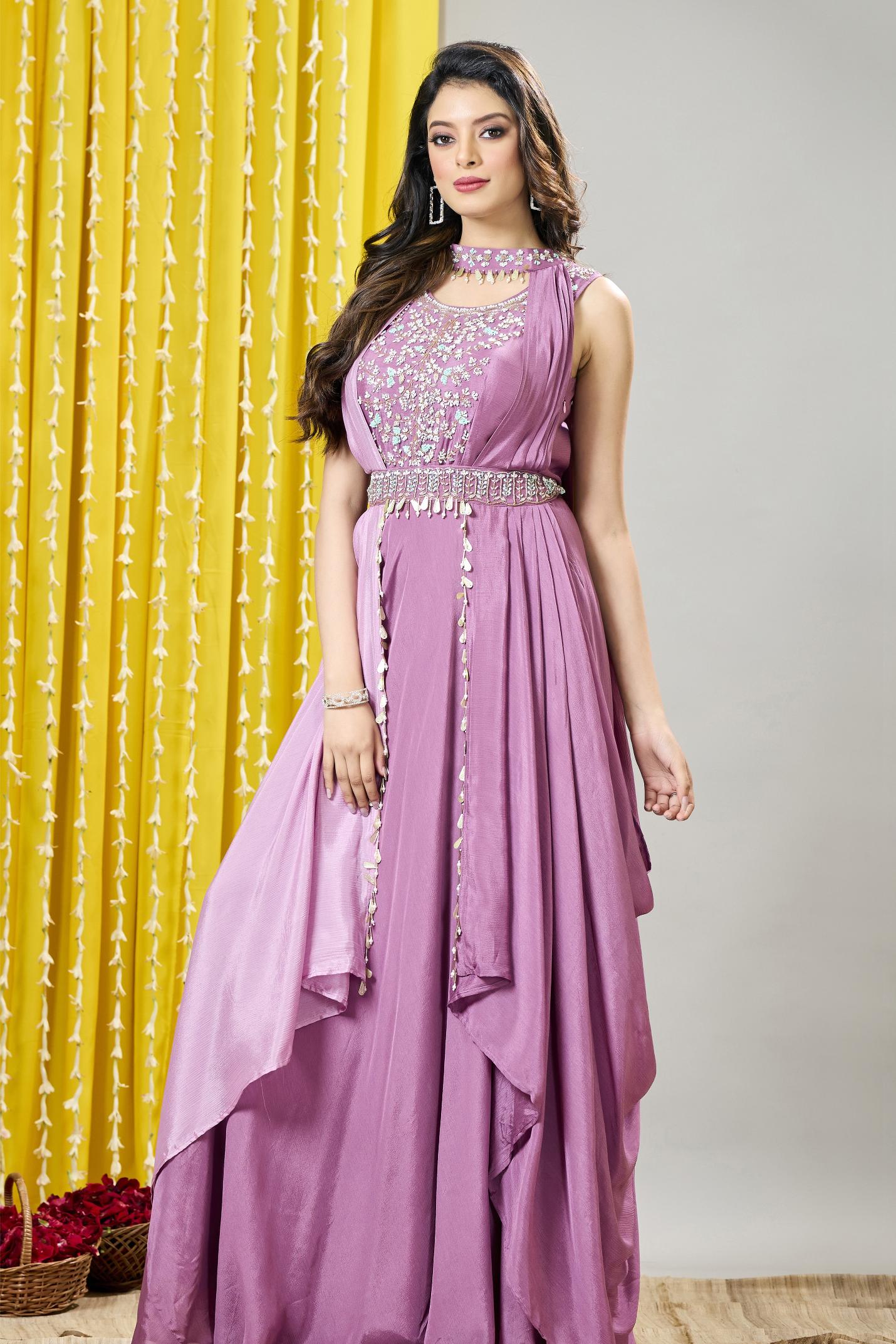 Bright Lilac Embellished Premium Chinon Silk Draped Gown